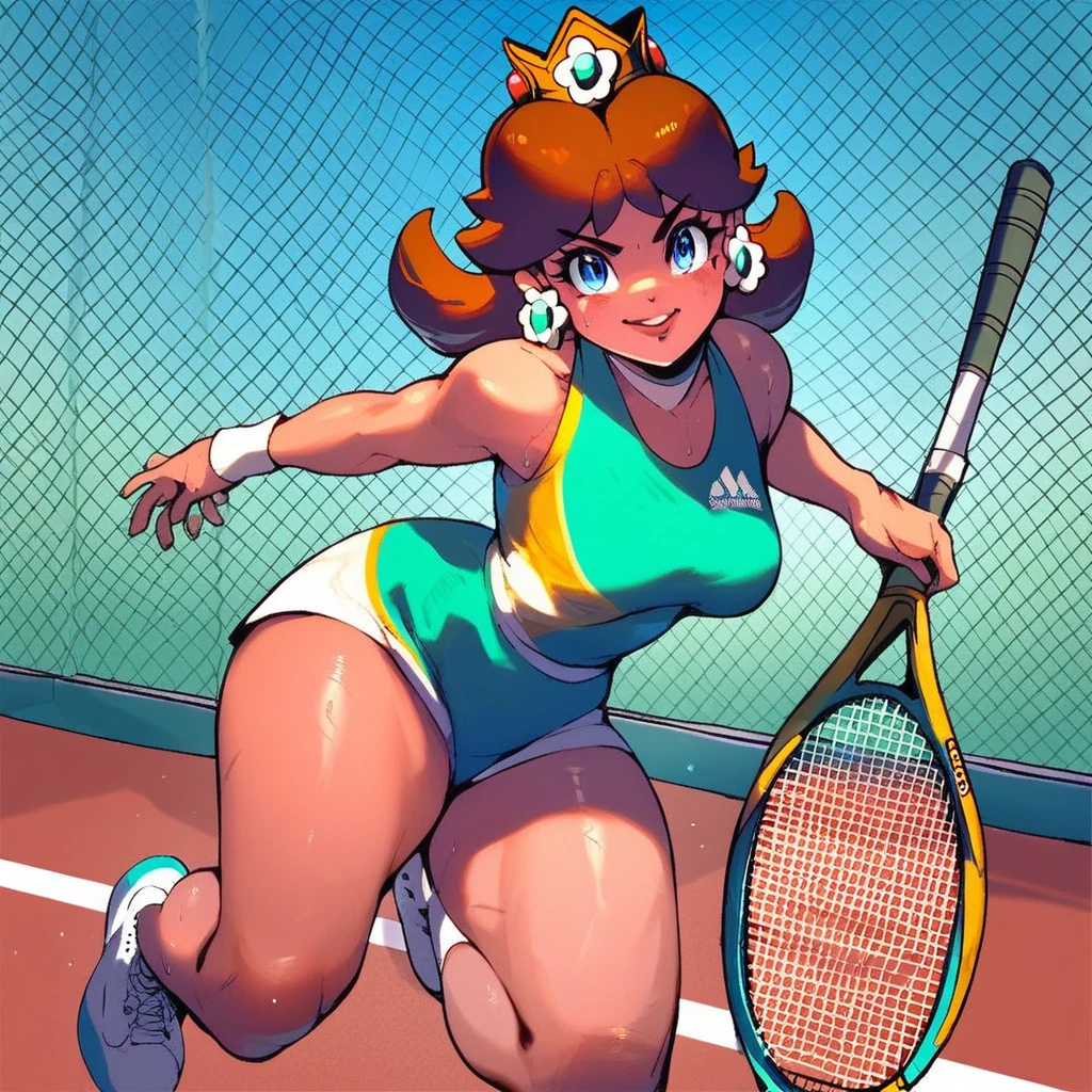 solo, best quality, score_9, score_8_up, score_7_up, 1girl, princess daisy, sport outfit, thick thighs, tennis court,