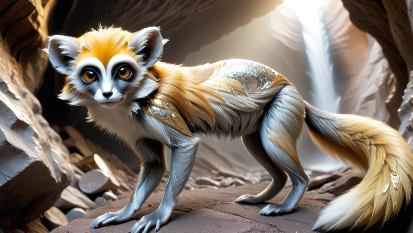 <lora:artfullyMBACKM_SDXL_V1:1>, Mineral-backed Monkeyfox: This hybrid of a fox and monkey dwells in cavernous homes where it consumes minerals. These minerals filter into its fur, creating intricate and beautiful designs that are highly appealing, especially to potential mates.