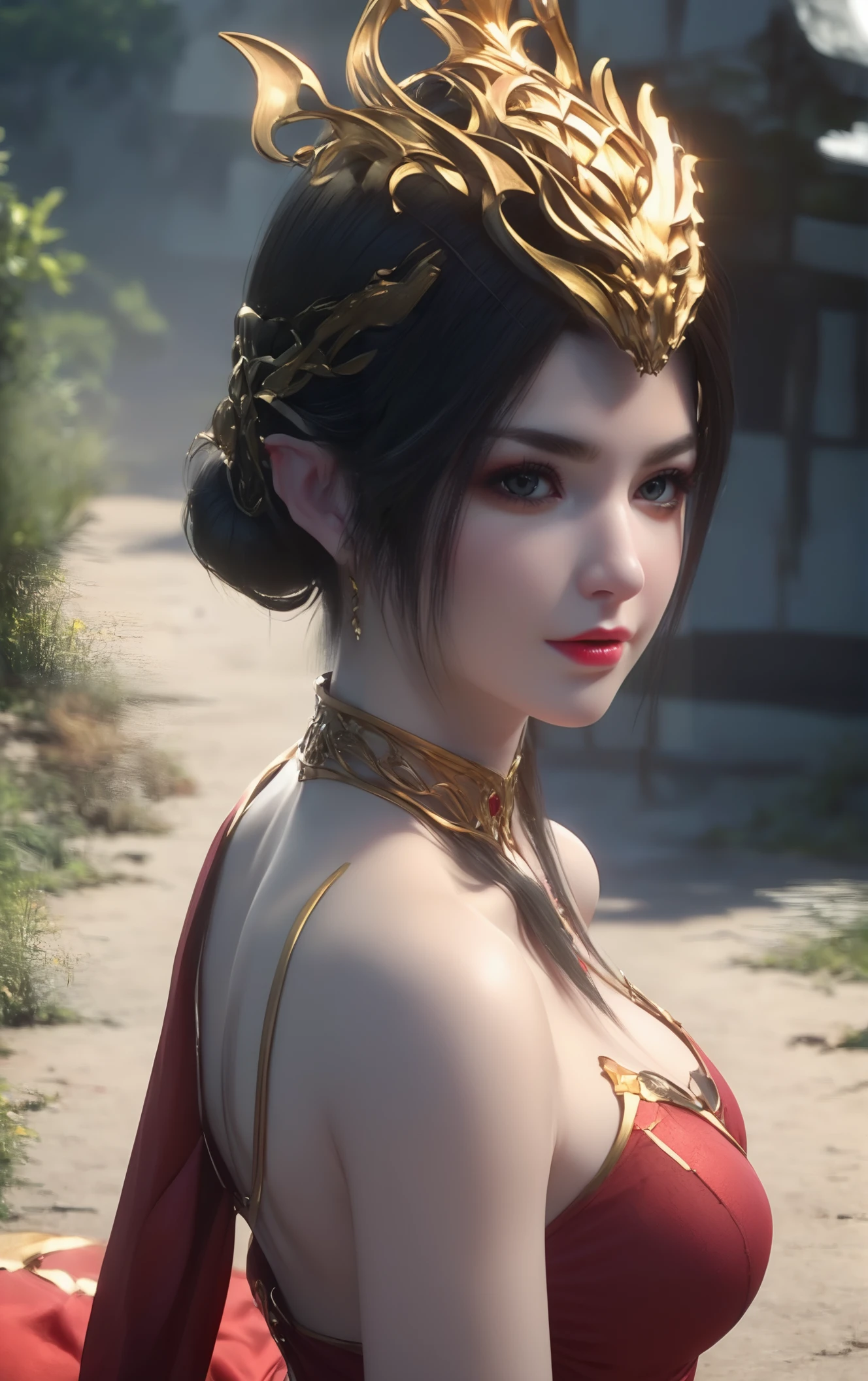 portrait,cowboy_shot,masterpiece,best quality,1girl,solo,black hair,hair ornament,dress,red dress,hair bun,1girl,<lora:MEIDUSHA:1>,posing,looking_at_viewer,eye-contact,(smile:0.7),curvy,