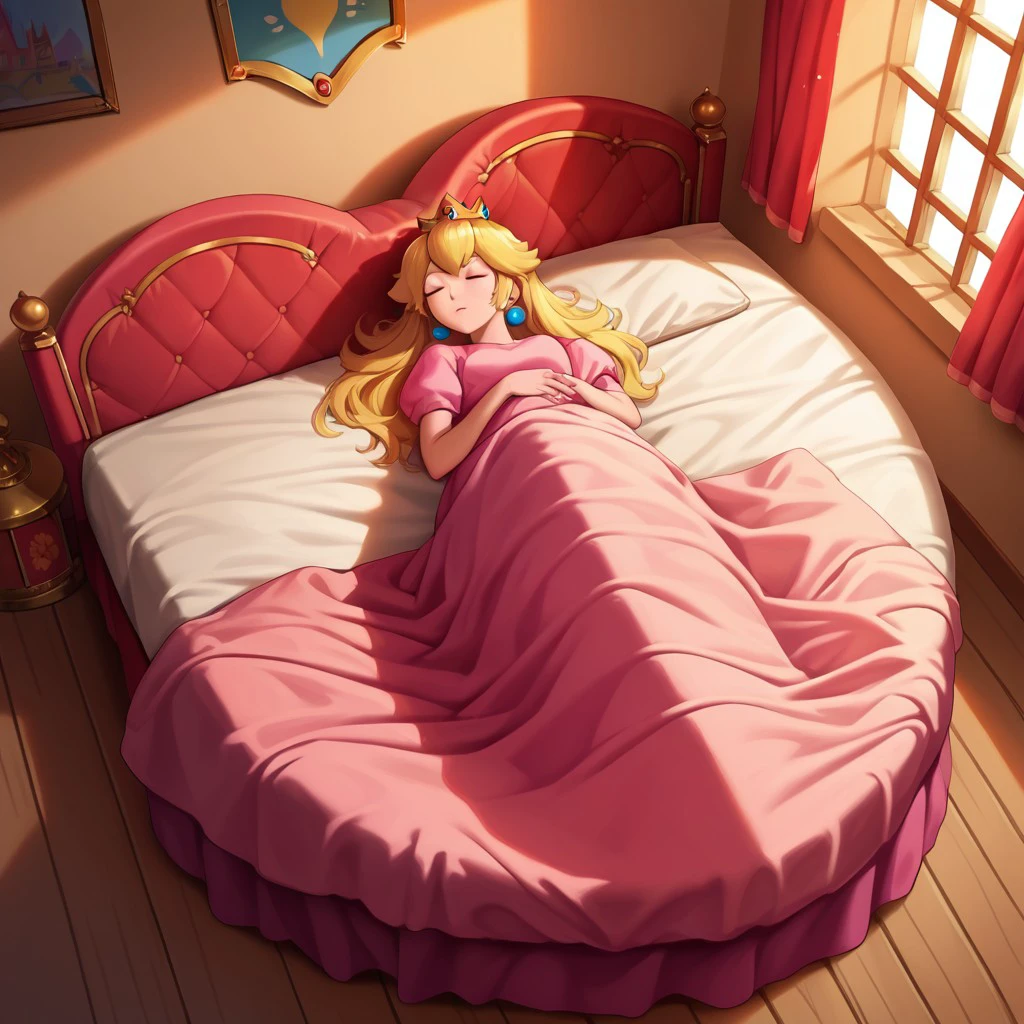 score_9, score_8_up, score_7_up, score_6_up, rating_safe, source_anime, sunset, 1girl, dynamic angle, princess peach, sleeping, under covers, detailed background, heartbed, castle interior, palace