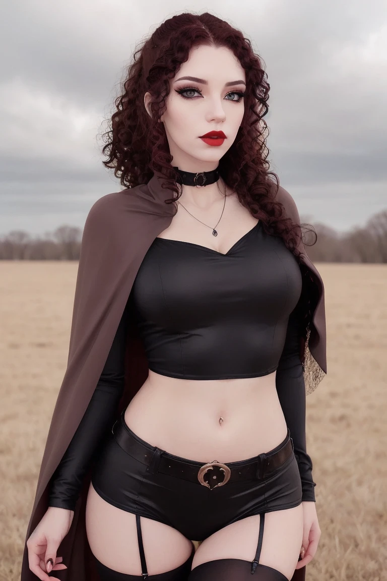 (Simone Simons:0.8), age 20, sly smile, redhead, blue eyes, succubuage wearing leather crop-top and comeltoe boyshorts with red haired bush, showing her hourglass curves of slim waist and broad hips, exposing bare midriff, and a mage's cloak blowing open in the wind, UHD photo-realistic