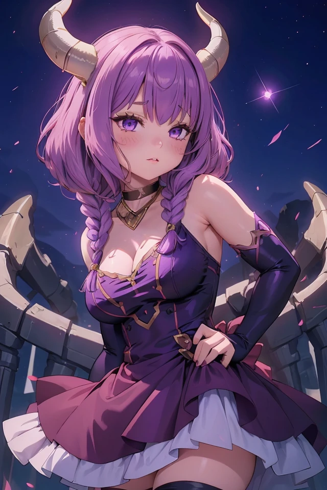 (FBJE_Aura), 1girl, solo, looking at viewer, twin braids, purple hair, breasts, choker, Long bob cut, bangs, blush, demon horns, purple eyes, black ruffled dress,