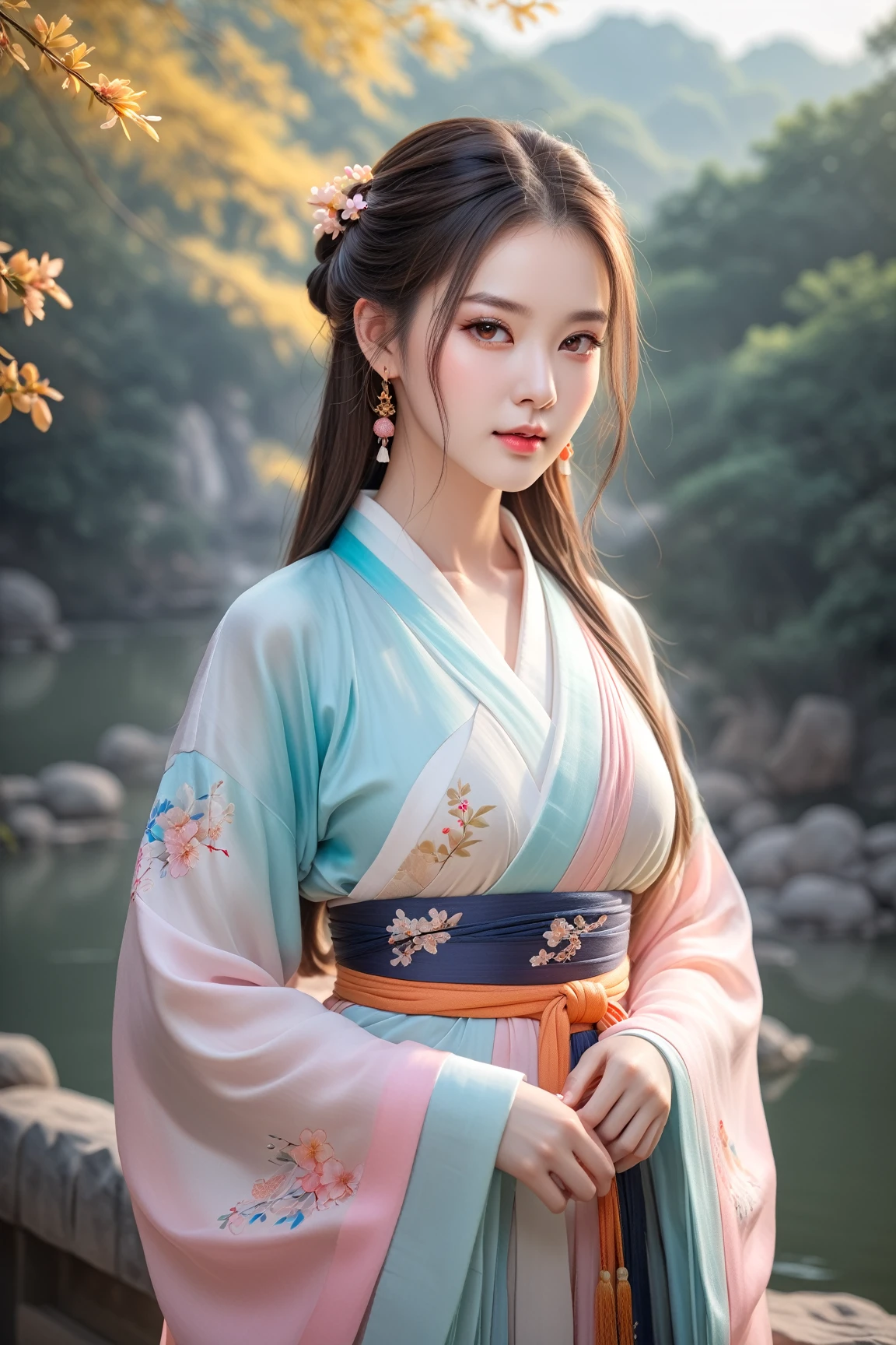 1girl, young, solo, big breasts,
, delicate, beautiful, colorful, vividcolor, lighting,
outdoors, hanfu, (masterpiece, best quality:1), beautiful face, beautiful eyes, beautiful girl, delicate face, delicate girl