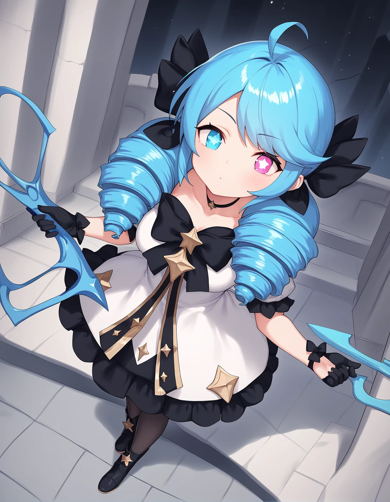 score_9, score_8_up, score_7_up,score_6_up,score_5_up,score_4_up, 1girl, castle, blue_fire, spectres, spirits, from above, dutch angle,
<lora:aak_style_pony6_v2-000010:1> <lora:GwenLoLXL:0.6> GwenLoLXL, blue eye, heterochromia, star-shaped pupil, blue hair, drill hair, hair bow, black bow, trwin drills, twintails, long hair, bangs, ahoge, medium breasts, puffy short sleeves, white dress, black gloves, pantyhose, black boots, scissors, holding scissors, oversized object