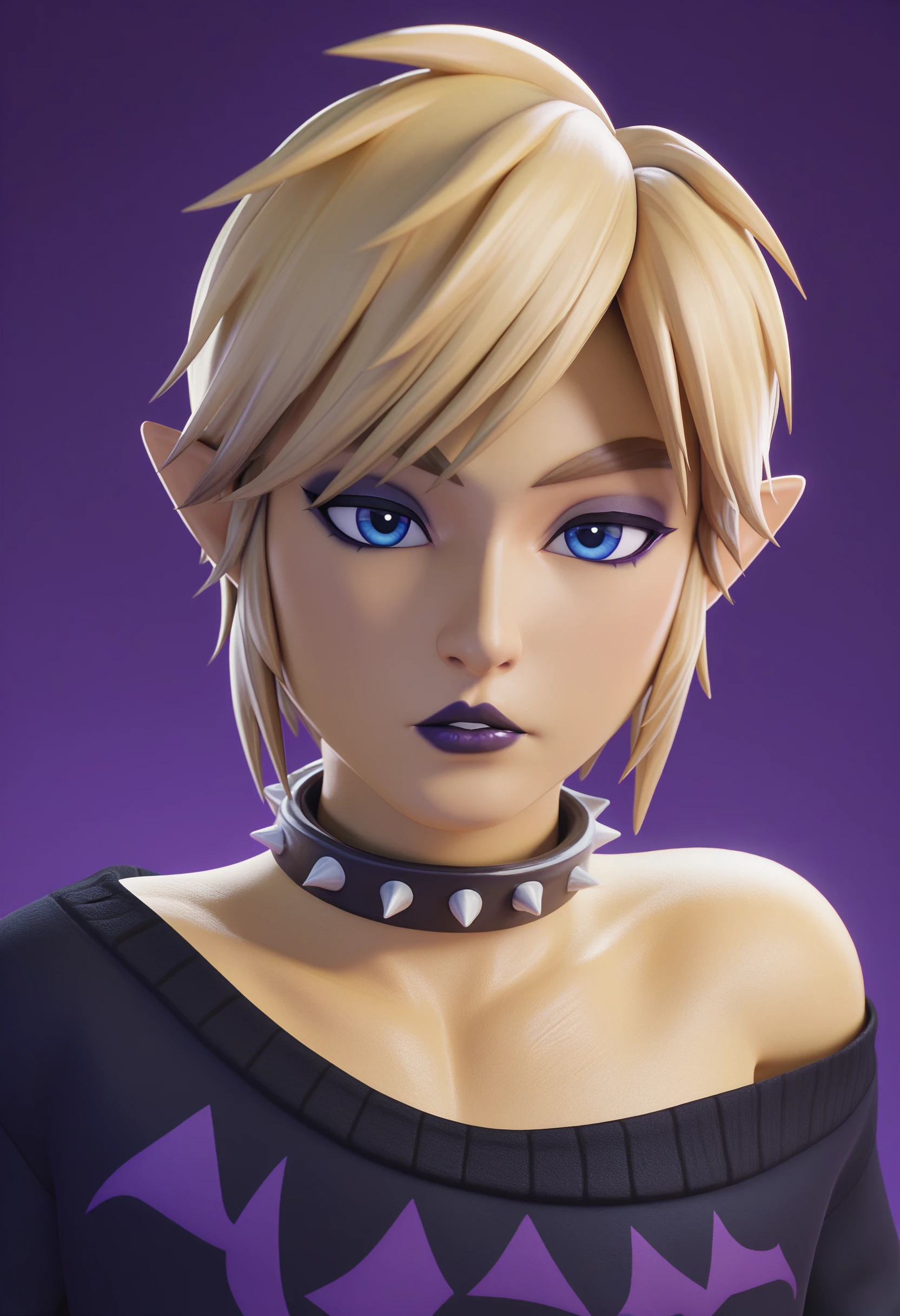 score_9, score_8_up, score_7_up, <lora:fugtrup-guy-PONY-LyCORISv1:1>, 1boy, solo, link, gothic, 3d, otoko no ko, spiked collar, portrait, indoors, purple background, looking at viewer, sweater, off shoulder, close-up, mature female, lipstick, parted lips, dark background, makeup