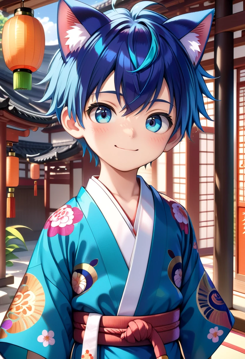 straight on shot, standing,detailed eyes, village,
 <lora:cutifiedanimecharacterdesign_variant_type_G_SDXL_v10:0.7>, 1boy, type-g, cat boy, blue hair, Kimono, long pants, smile
(masterpiece:1.2), best quality, high resolution, unity 8k wallpaper, (illustration:0.8), (beautiful detailed eyes:1.6), extremely detailed face, perfect lighting, extremely detailed CG, (perfect anatomy),
 <lora:age_slider_v4:1.2>