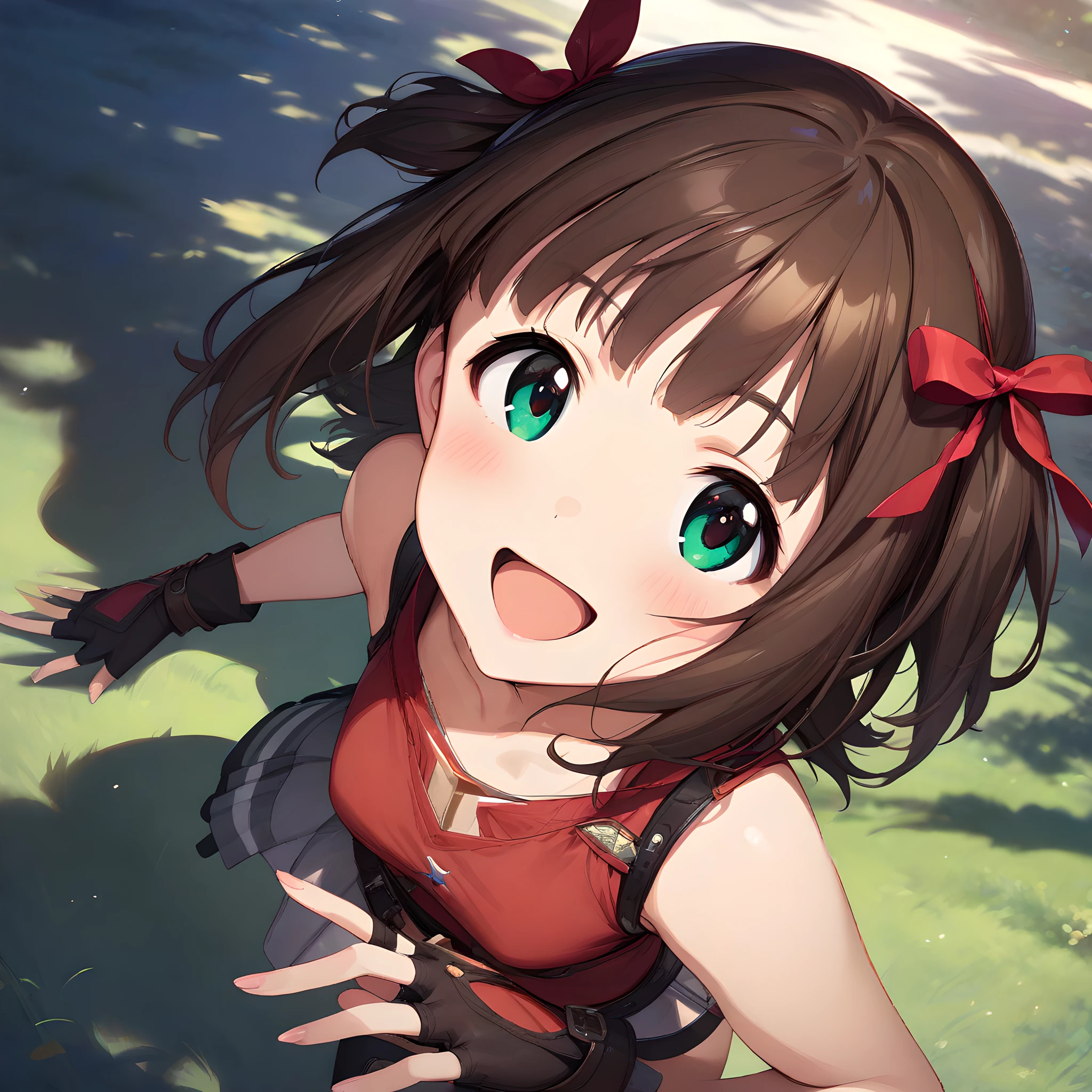 (masterpiece),(best quality),(ultra-detailed),(best illustration),(best shadow),(absurdres),(detailed background),(very aesthetic), haruka_amami, 1girl, brown hair, fingerless gloves, gloves, smile, green eyes, open mouth, hair ornament, :d, short hair,  hair ribbon, solo<lora:XL-HarukaAmami:1>