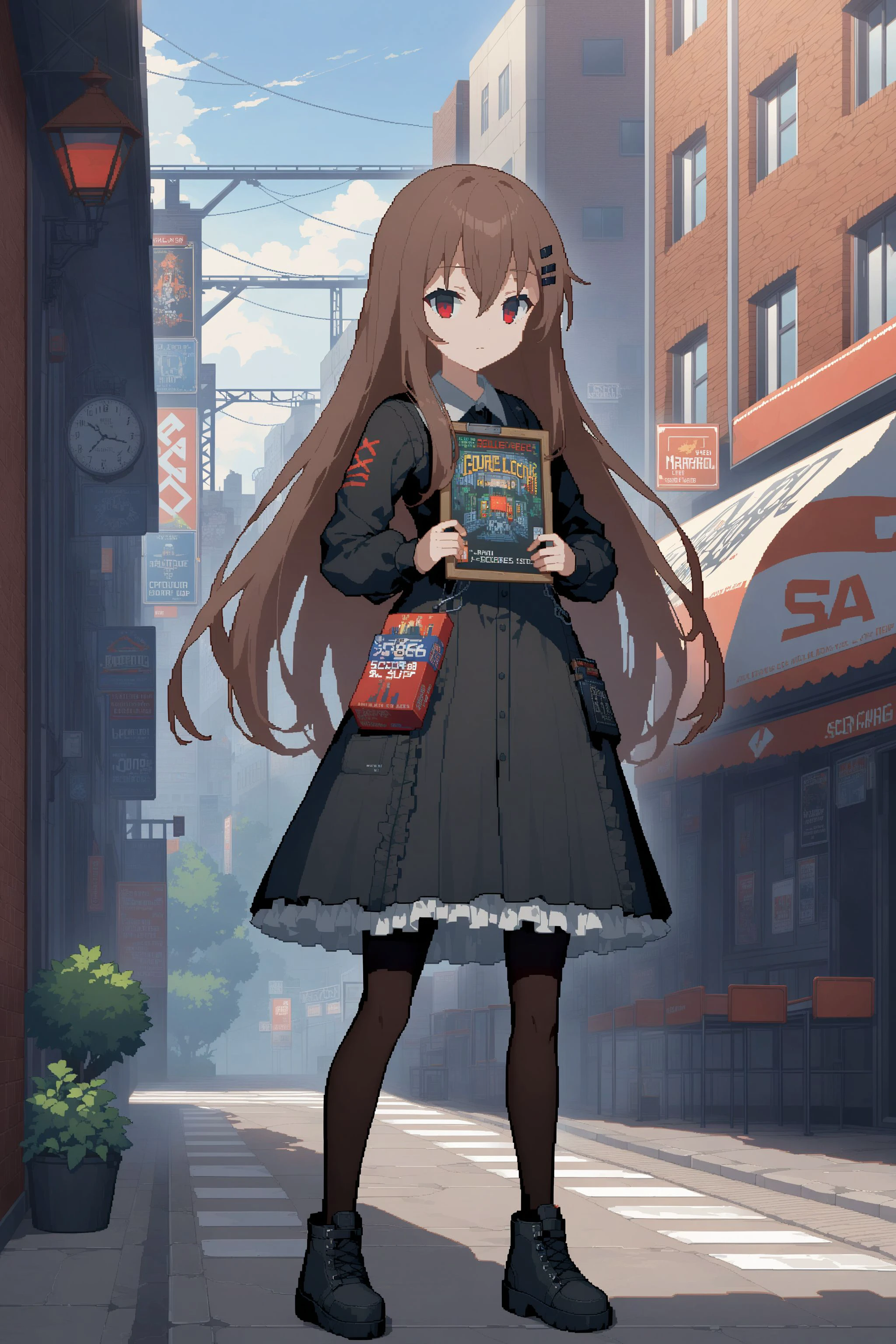 score_max, (score_9, score_8_up, score_7_up:1.2), score_6_up, official art, pixel art,
masterpiece, absurdres, high detail, 8k,
city, street,
standing, holding information board, expressionless, frown, closed mouth,
marfusha, long hair, brown hair, red eyes, hairclip, black dress, collared shirt, long sleeves, frills, apron, black pantyhose, black footwear
<lora:XL_Animagine_game-marfushasg-marfusha-t1:1>
