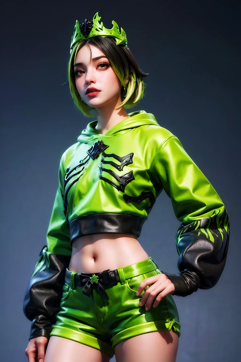 ((masterpiece)), ((ultra-detailed)), high_resolution, 1girl, imtdpersephonefort, green hair, black hair, hood, multicolored hair, crown, green eyes, hoodie, hood down, short hair, short shorts, shorts, green short, midriff, long sleeves, two-tone hair ,ahg , rolling eyes.