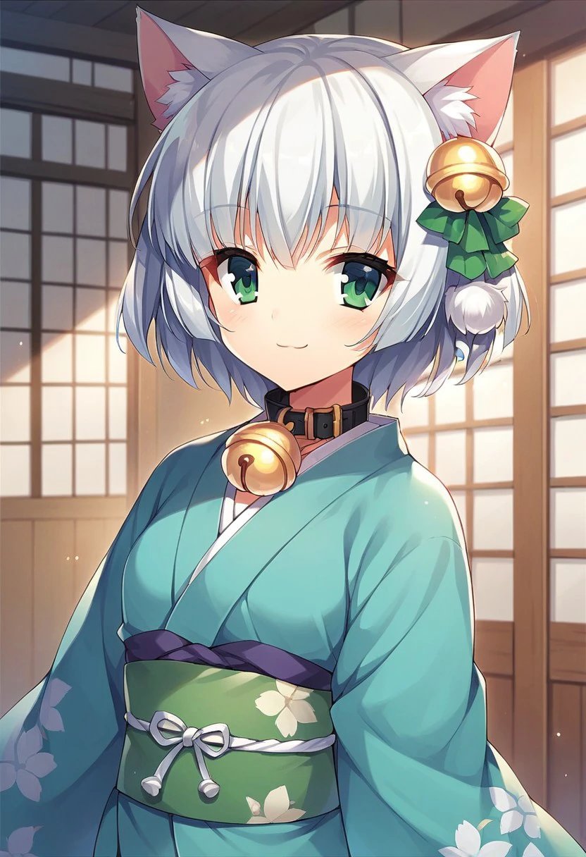 score_9, score_8_up, score_7_up, source_anime,rindou ruri, white hair, short hair, green eyes, solo, animal ears, 1girl, bell, japanese clothes, cat ears, collar, jingle bell, kimono, neck bell, hair ornament,smile, indoors