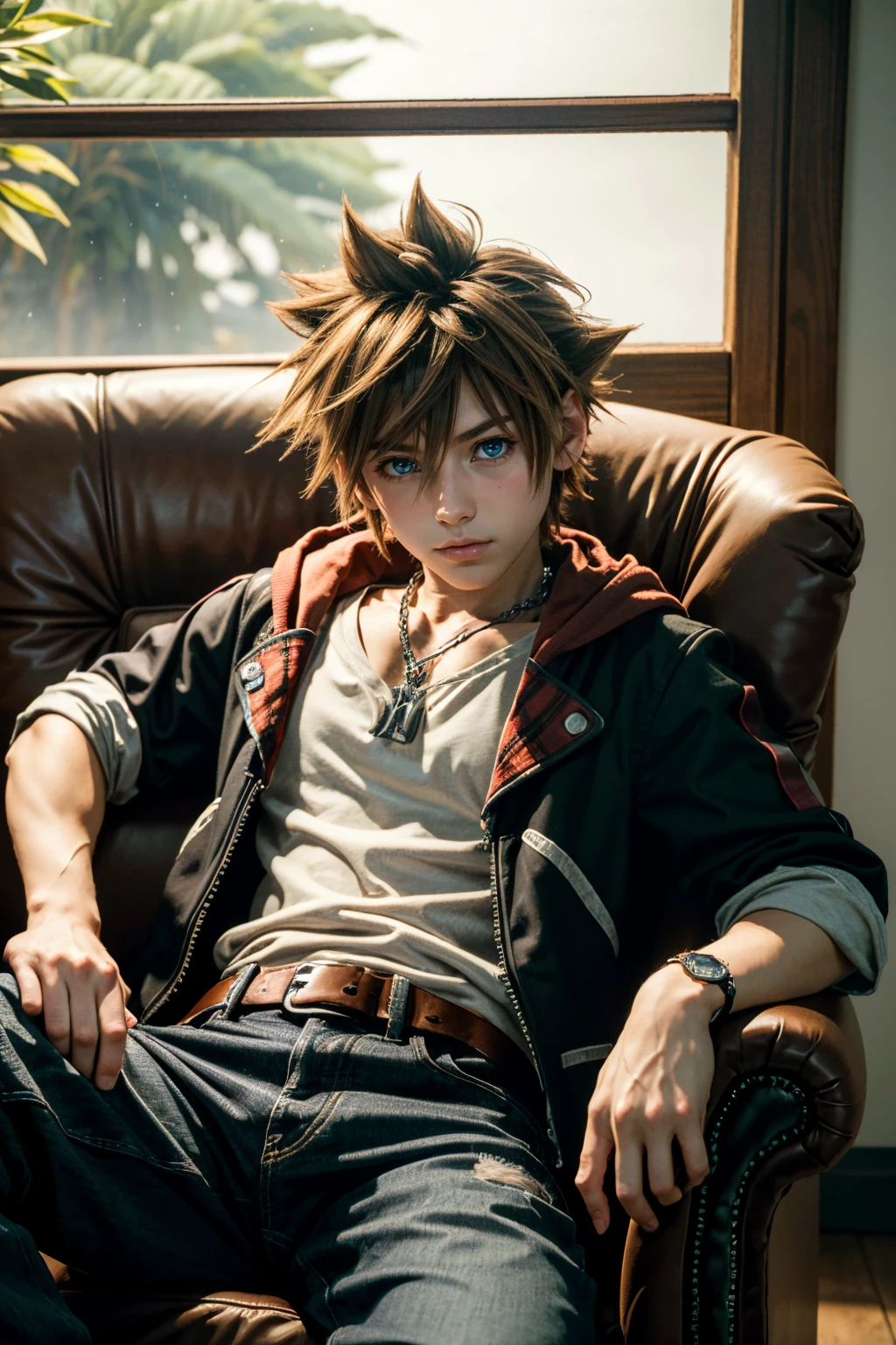 ((ultra detailed, masterpiece, absurdres))
 <lora:KH3Sora:0.8>
KH3Sora, 1boy, brown hair, spiked hair, looking at viewer, reclining in a classic leather armchair, with a glass of whiskey in hand