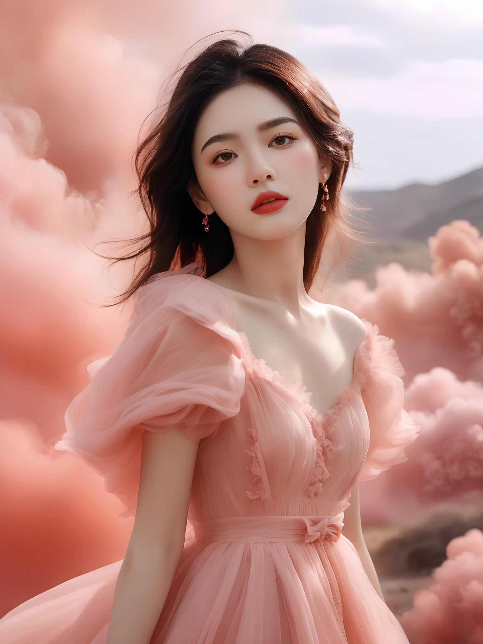 photorealistic,realistic,photography,masterpiece,best quality,ultra-detailed,extremely detailed CG unity 8k wallpaper,a beautiful girl, close mouth, red lips, beautifull face, full body, wearing dress, any pink smoke,cloud,pink dress, over view, <lora:JAY PINK CLOUD DRESS XL:0.8>, (best quality:1.3)