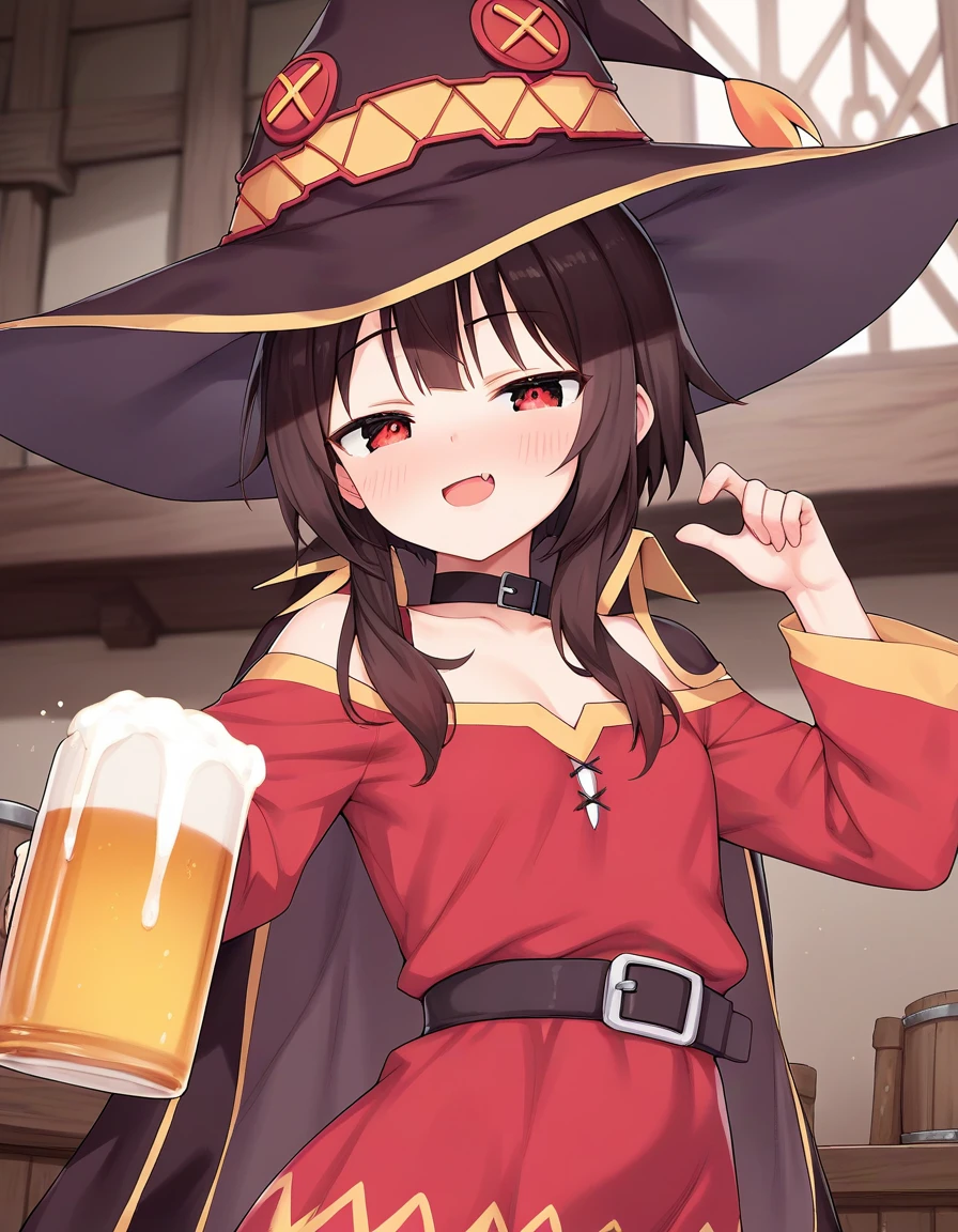 score_9, score_8_up, score_7_up,score_6_up,score_5_up,score_4_up, 1girl drunk in a tavern, dutch angle, (megumin:0.8), witch hat, red dress, long sleeves, beer mug, smug, open mouth,
<lora:aak_style_pony6_v2-000010:1>