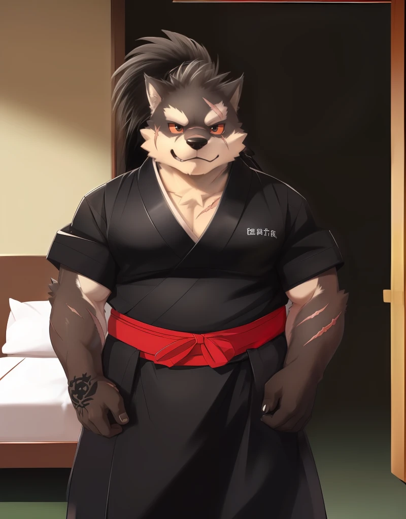 (((detailed eyes, detailed face))), (furry, shino  <lora:character_shino_findigo_v2:1>, two-tone fur, ponytail, dog boy, snout, black eyes, scar, tattoo, red sclera:1.8), male, (solo), (plump, fat, chubby, overweight), ((black kimono:1.8, brown apron), sleeves rolled up), standing, (arms behind back), smile, (front view) BREAK (konzaburou, ukan_muri), bedroom, (flat shading, high brightness), 8k, UHD, masterpiece, (full body), (scar on face, scar on cheek, scar on chest, scar on arm, scar on nose)