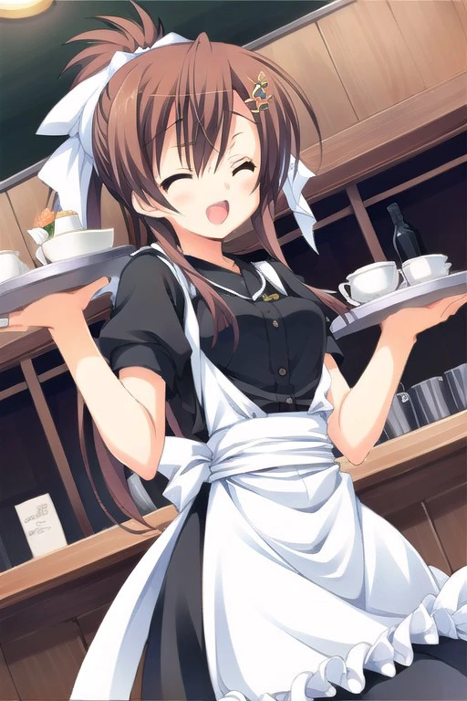 (masterpiece),yamabuki aoi, brown hair, long hair, ponytail, yellow eyes, 1girl, solo, closed eyes, waitress, tray,apron, food, open mouth, cup, hair ornament, ribbon