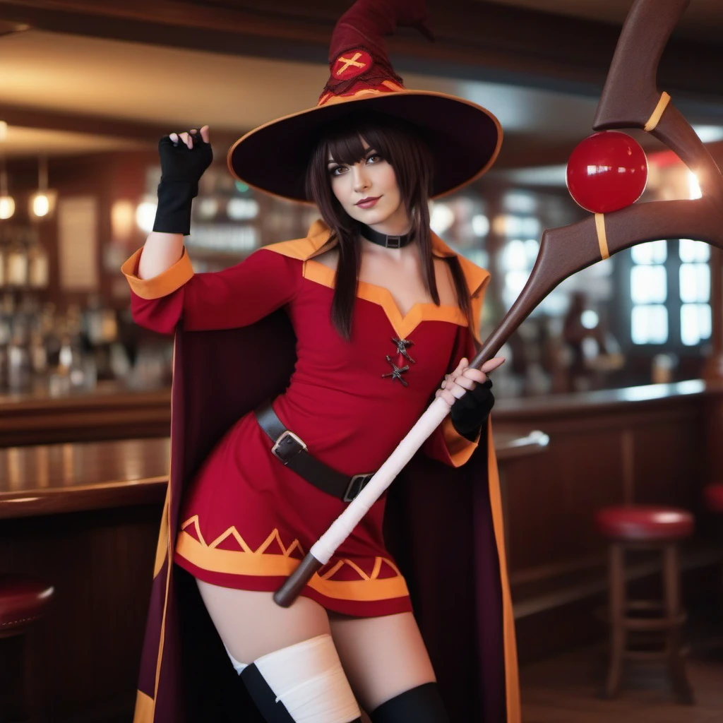 cinematic photo 1girl, witch hat,  blush, thighhighs, staff, fingerless gloves, bandaged leg, red dress, thighhighs, in a pub <lora:Megumin1024:0.8> . 35mm photograph, film, bokeh, professional, 4k, highly detailed