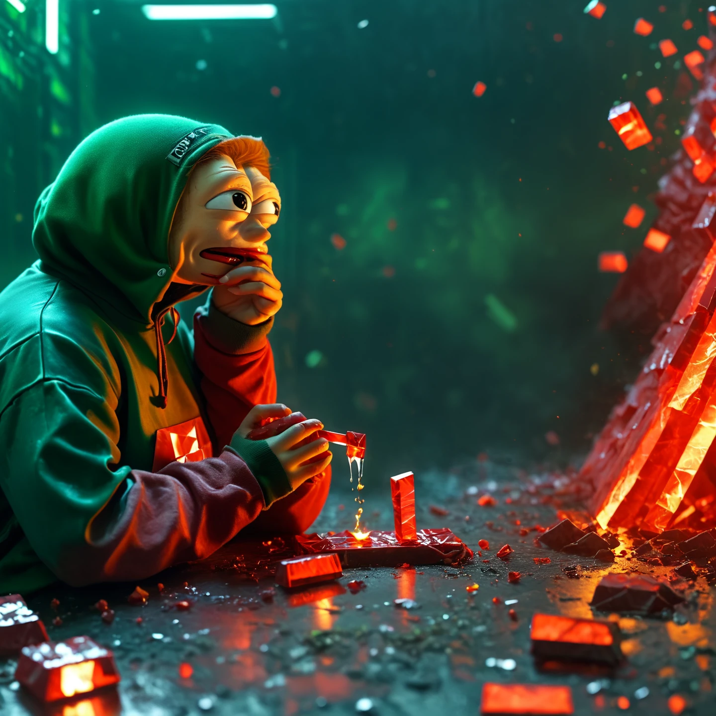 Ponke eating a red long glowing rectangular prism, in a chaotic war-like background, detailed, cinematic,  happy looking, seemingly well-intentioned, reckless, green hoodie,