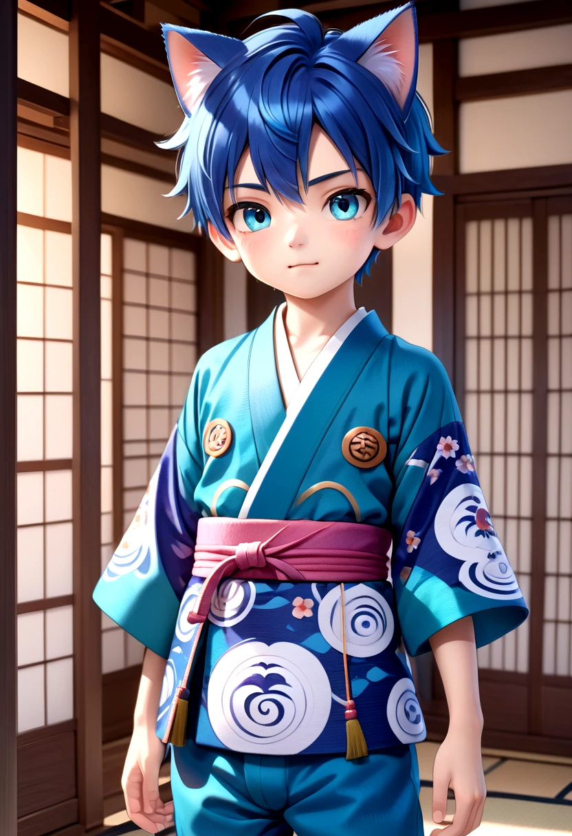 straight on shot, standing,detailed eyes, village,
 <lora:cutifiedanimecharacterdesign_variant_type_G_SDXL_v10:0.7>, 1boy, type-g, cat boy, blue hair, Kimono, long pants, 
(masterpiece:1.2), best quality, high resolution, unity 8k wallpaper, (illustration:0.8), (beautiful detailed eyes:1.6), extremely detailed face, perfect lighting, extremely detailed CG, (perfect anatomy),
 <lora:age_slider_v4:1.8>