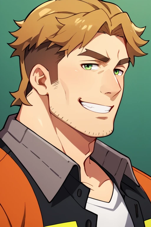 score_9, score_8_up, score_7_up, score_6_up, perfect anatomy, perfect proportions, best quality, masterpiece, high_resolution, high quality, solo male, Gagumber, brown hair, two-tone hair, sideburns, facial hair, stubble, green eyes, thick eyebrows, white tank top, orange high-visibility bomber jacket, open jacket, adult, mature, masculine, manly, handsome, charming, alluring, grin, portrait, headshot, dutch angle, view from right side<lora:EMS-408368-EMS:0.800000>