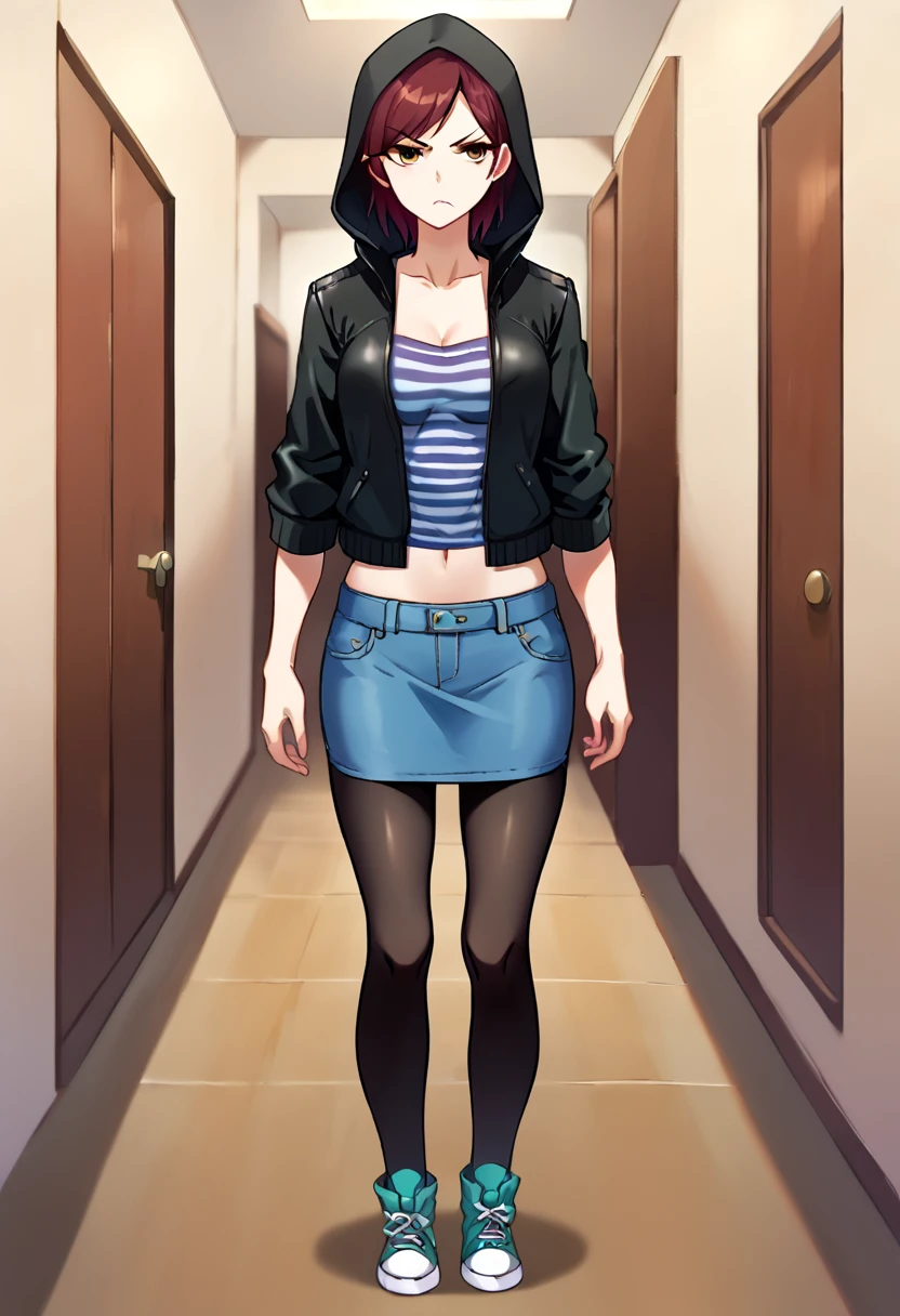 source_anime,score_9,score_8_up,score_7_up,score_6_up BREAK 1girl,solo,danamercer <lora:Danamercerpony:0.9>,standing,jacket,hood down,striped shirt,midriff,denim skirt,black pantyhose,sneakers,full body,in dark hallway,serious, <lora:abyssorange_style_for_pony_d32:1>