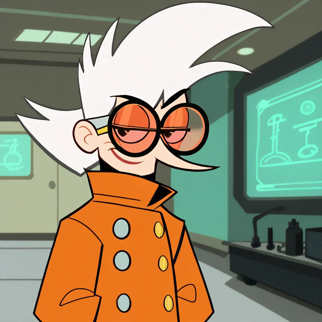 score_9, score_8, score_9, BREAK, solo, 1girl, nora, white hair, round sunglasses, orange jacket, indoors, laboratory, smirk