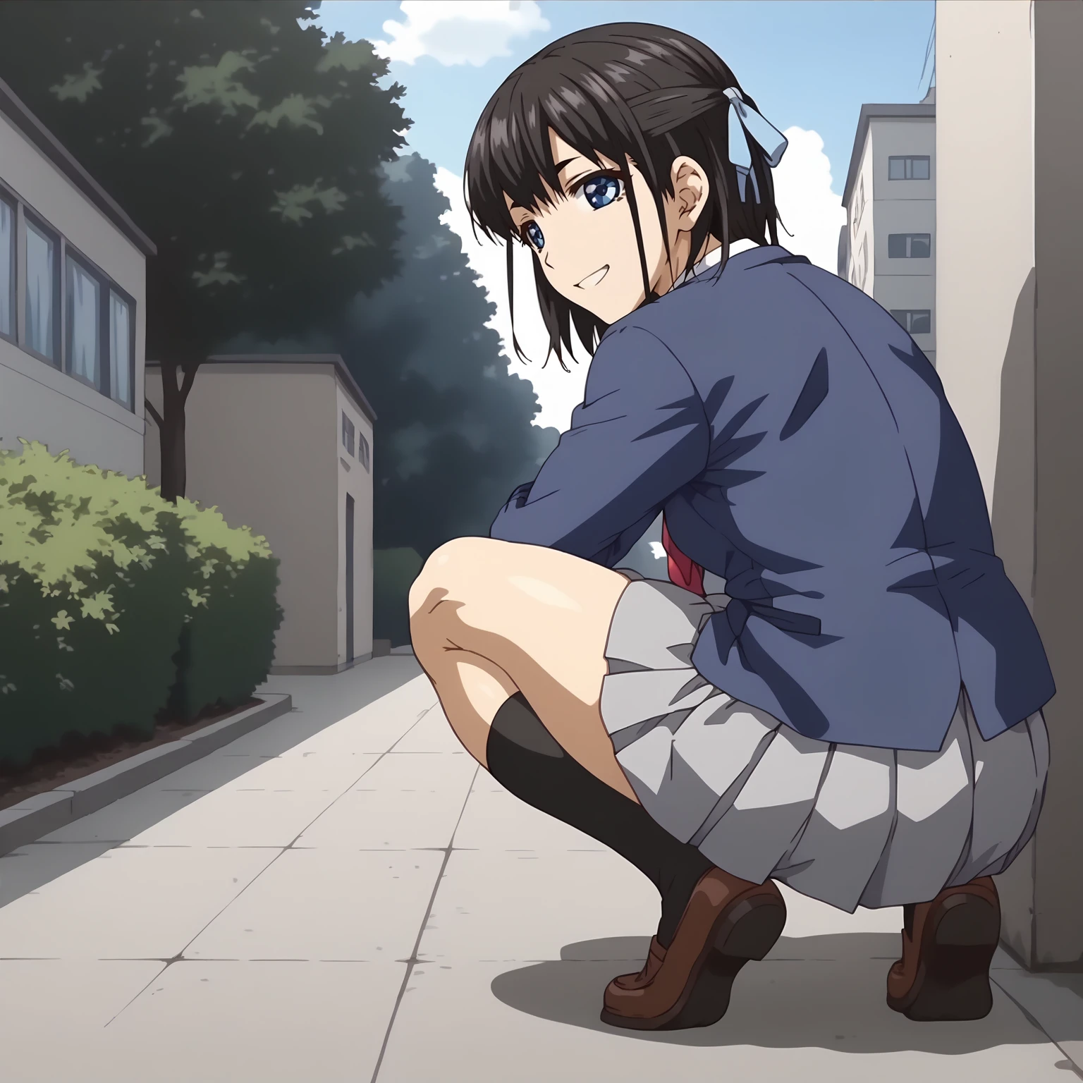 <lora:AwanoHarueXLpony001>,
smile,
solo,
AwanoHarue,1girl,black hair,medium hair,half updo,hair ribbon,blue eyes,
school_uniform,blue jacket,
pleated_skirt,gray skirt,
black socks,
outdoors,
full body,squatting,looking back,