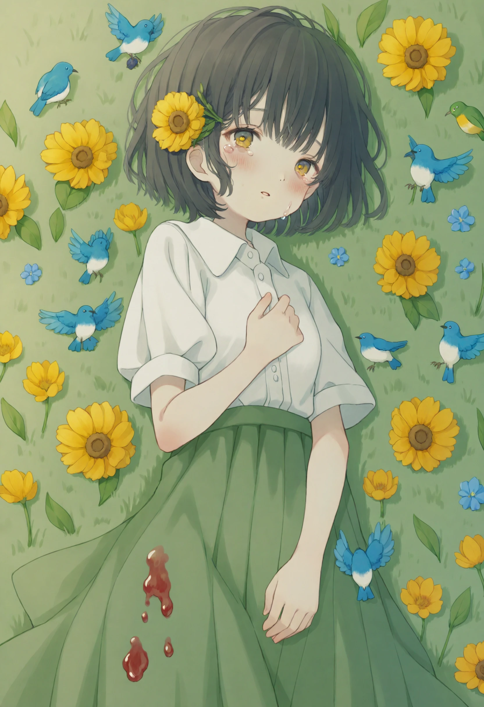 1girl,
tulip, solo, flower, short hair, tears, black hair, looking at viewer, upper body, shirt, parted lips, yellow eyes, blue flower, arm up, blood, crying with eyes open, no ai logo, blue pupils, collared shirt, white shirt, blue bird, lying, flower field, on back, sunflower, on grass, crying, bug, blood from eyes, blood on clothes, bird on hand, short sleeves, epiphyllum, field,
masterpiece, best quality
<lora:sirahoXLlokr4f-000181:0.95>