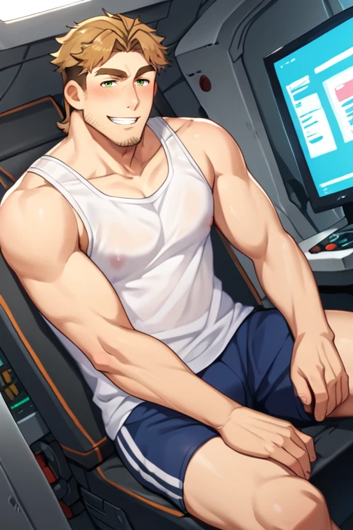 image high resolution, Detailed strokes, stretching out in a gym, suado, adolecente, wearing a tank top , muscular, chest a little tight in the shirt , armpit hair, tank top, pink hair, penis, naked