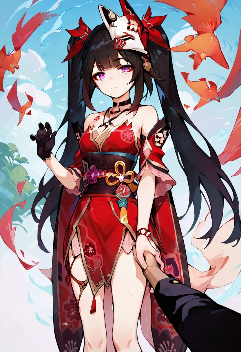 score_9_up, score_8_up, score_7_up, source_anime, 
huahuo, 1girl, single_glove, mask on head, sash, black hair, twintails, purple eyes, obi, (fox mask:1.1), single glove, japanese clothes, (Cherry blossom tattoo, chest tattoo:1.1),
(Guided Pussy Grab), Two Handed Guidance, fully dressed