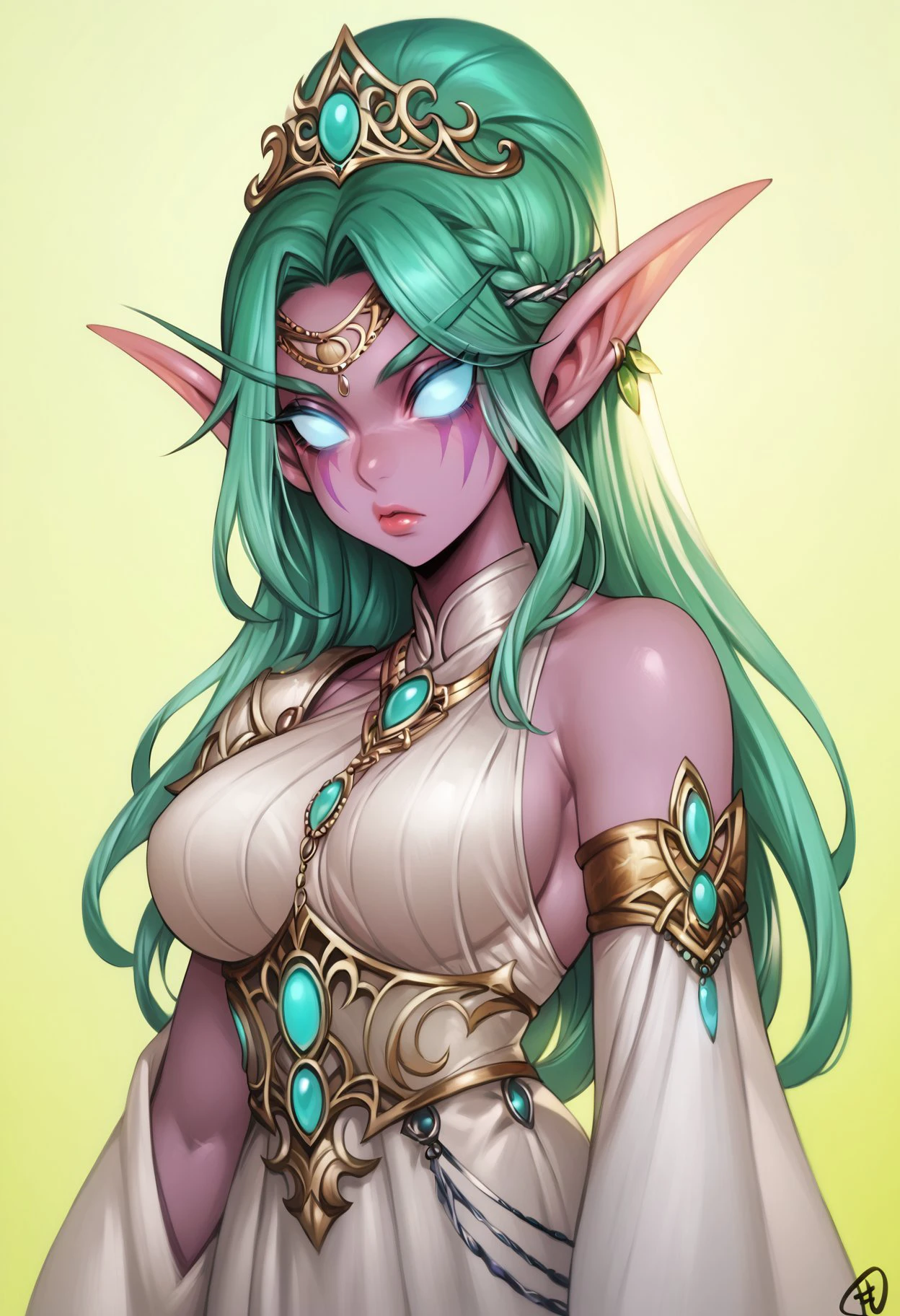 score_9, score_8_up, score_7_up, score_6_up, filemonte-dh, BREAK, dutch angle,TODre, colored skin, facial mark, pointy ears, elf, green hair, long hair, blue eyes, glowing eyes, no pupils, large breasts, tiara, silver jewelry, white gown, single shoulder pad, wide sleeves, armlet <lora:add-detail-xl:0.5> <lora:Artist_Style_-_Filemonte_PDXL:0.8> <lora:TyrandePDXL_V1-Manityro-adamw_2:0.7>