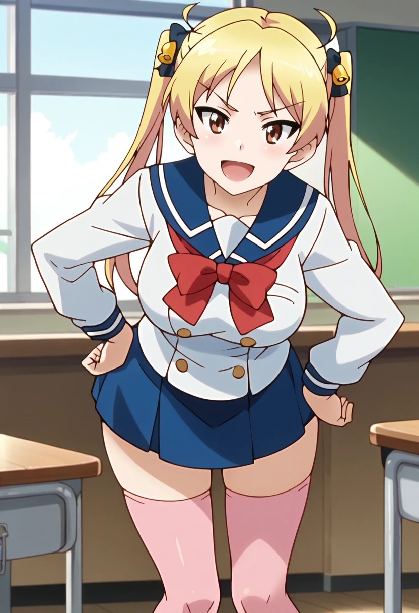 Highest quality,1 Girl,Big Breasts,orgasm,blush, shut up., Sweat,Airi Akizuki, Long Hair, blue eyes, Blonde, Twin tails,skirt, Knee socks, Striped, Striped Knee socks, blue skirt, Expose your shoulders, shirt, sleeveless shirt, red shirt,((Lift skirt,Cute pussy:1.3)),garden