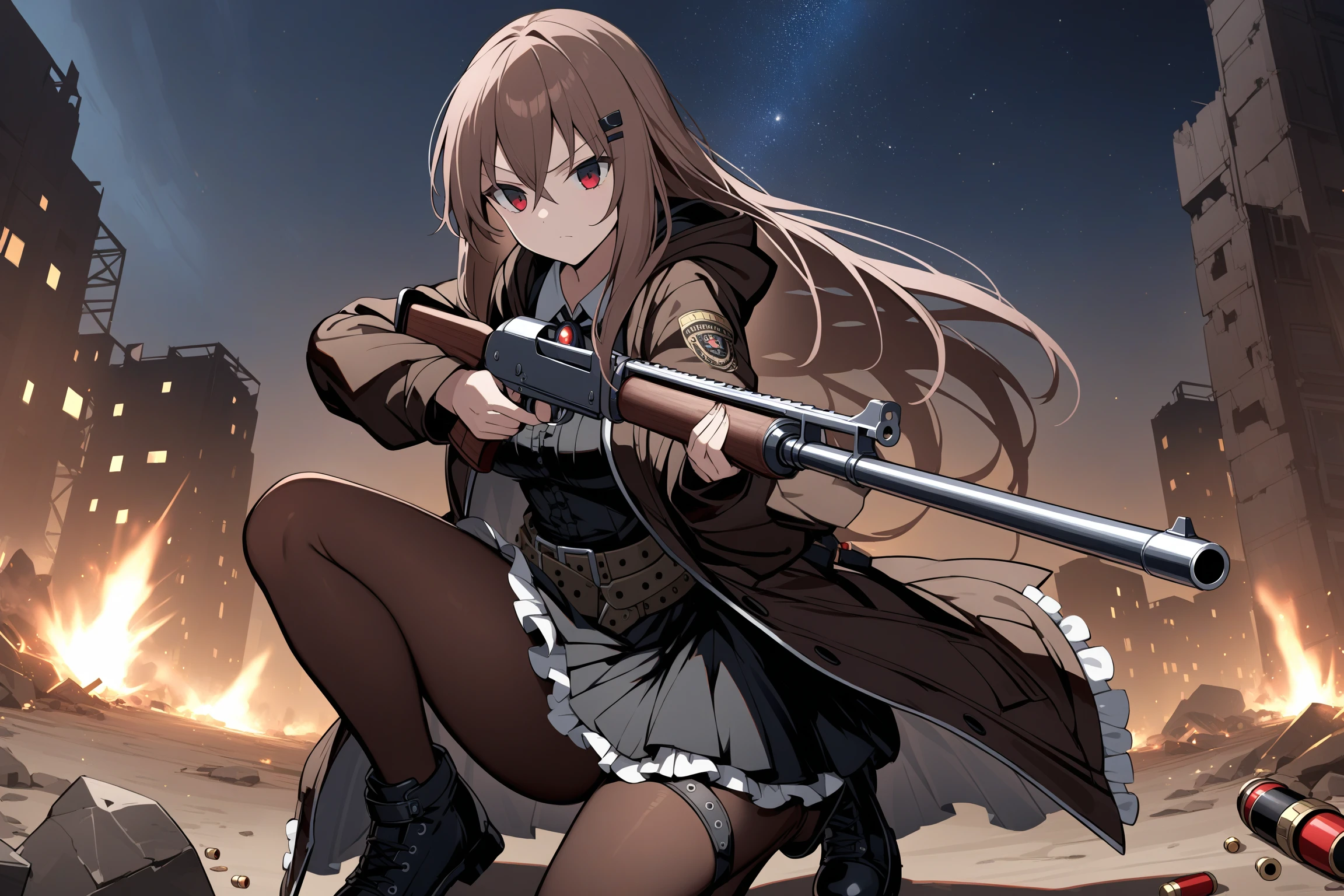 masterpiece, absurdres, high detail, 8k,
wasteland, night, starry sky,
sitting, on one knee, holding gun rifle, serious, aiming,
marfusha, hairclip, brown coat, hooded coat, long sleeves, brooch, shotgun shell, black dress, belt, frills, brown pantyhose, black footwear
<lora:XL_Animagine_game-marfushasg-marfusha-t1:1.0>