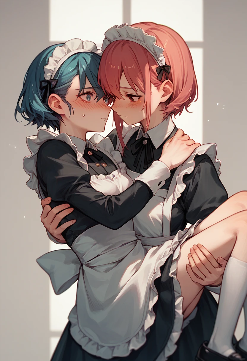 (Felicia + Flora Maid outfit) 2girls together, standing next to each other, holding hands and hugging each other, french kiss, kiss, add details, very detailed, wearing metal collar, bracers, shackles