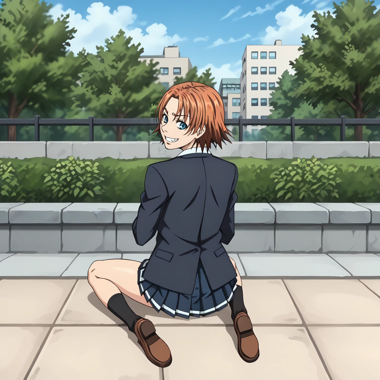 <lora:JoshiAoyamaXLpony002>,
looking at viewer,grin,
solo,
JoshiAoyama,1girl,orange hair,short hair,blue eyes,
school_uniform,blazer,
pleated_skirt,black skirt,
outdoors,
full body,sitting,looking back,