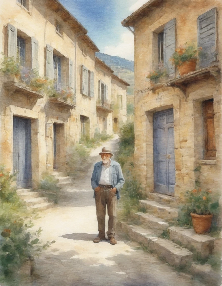 a back alley of provence france with a handsome old man looking out of an open window