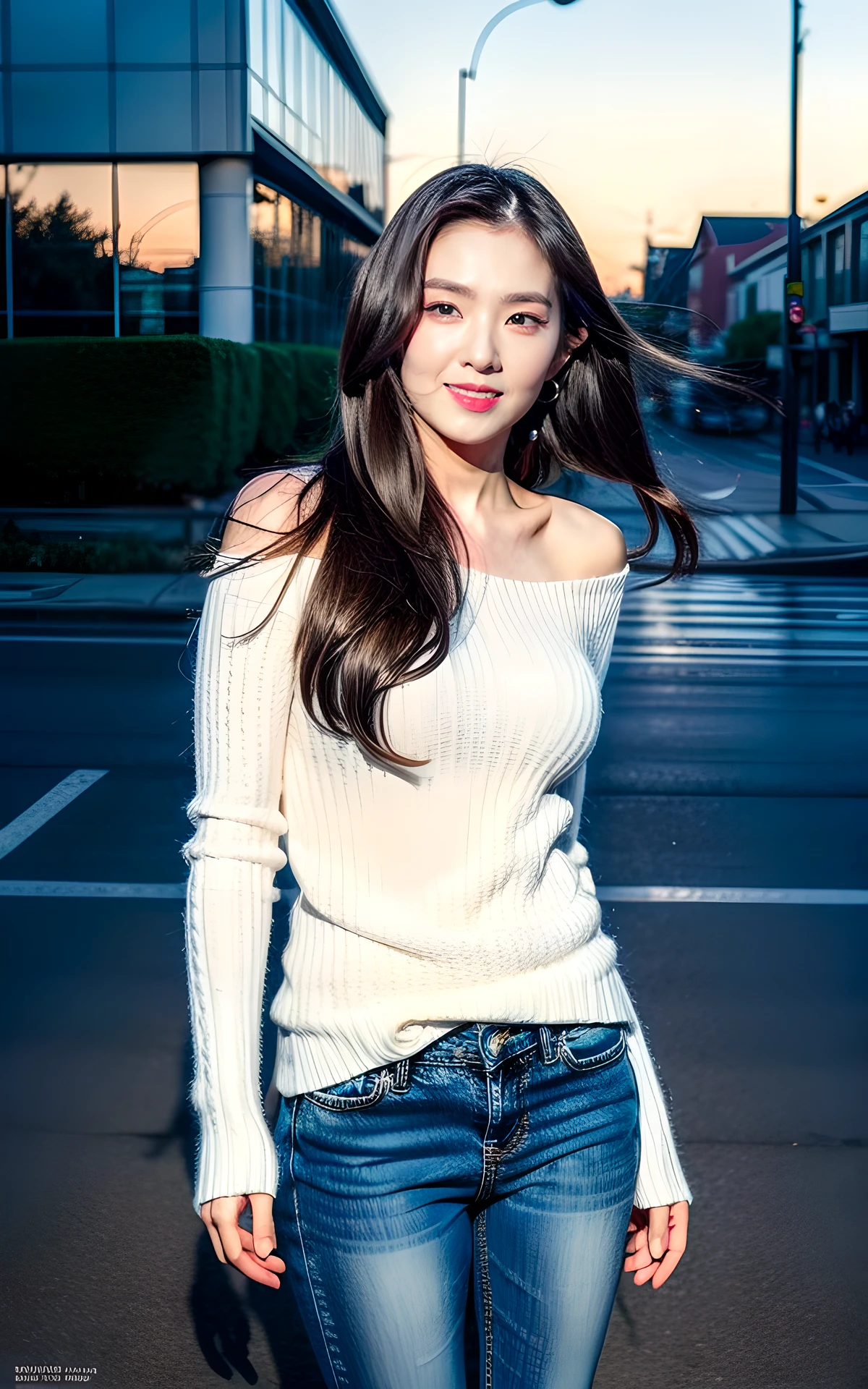 , (smiling:1.2),  , (fullbody:1.2),  (realistic), (hyperrealism), (photorealistic:1.4), 1girl, ,  looking at the viewer, eye makeup, detailed eyes, detailed face, (upper body:1.2), detailed background, walking at the streets, sunset, (windy:1.2)  z1pp3rsw3at3r,, sleeves past wrists, zipper sweater, Denim jeans <lora:more_details:1>  <lora:zoom_slider_v1:-2> <lora:Irene_V1:1> Irene_V1