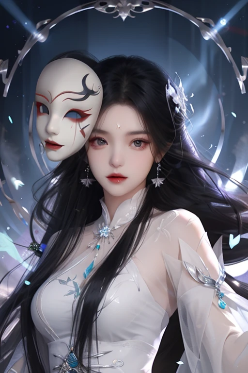 <lora:HrenFanartV2>,
henrendadi, Fanart, 1girl, long hair, jewelry, black hair, hair ornament, forehead mark, dress, solo, mask, facial mark, white dress, upper body, earrings, necklace, sash, chinese clothes, expressionless