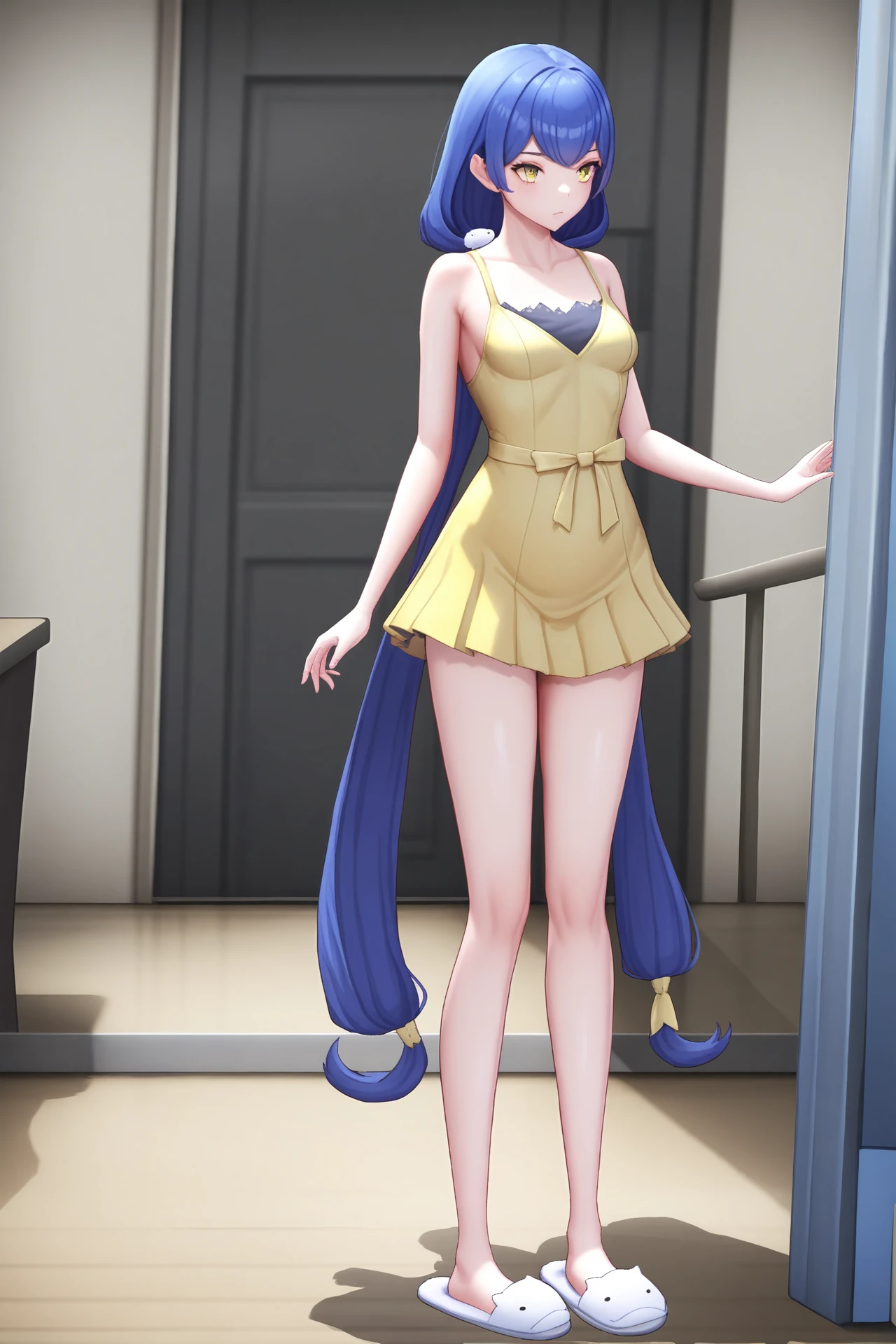 yellow dress slippers, dsc-erika, blue hair, hair ornament, 1girl, solo, narrow waist, masterpiece, absurdres, high quality, highres, best quality, (full body:1.20), recent <lora:dsc-erika-V01-000003:0.7>