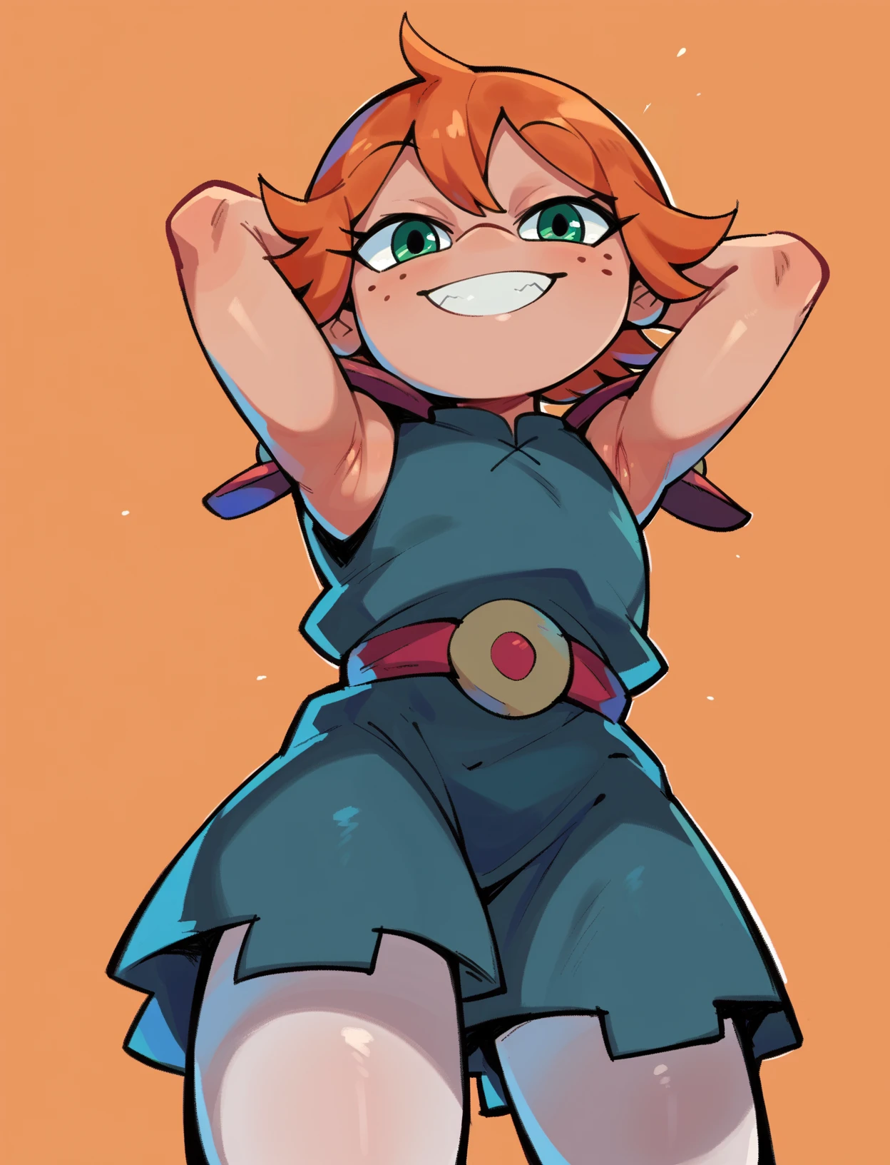 score_9, score_8_up, score_7_up, score_6_up, score_5_up, 1girl, <lora:Higgs:1> higgs, orange hair, freckles, green eyes, shoulder pads, looking at viewer, smile, standing, arms behind head, [thick thighs, ] (((bare arms ))) tunic, skirt, from below, close-up, solo, looking at viewer,
<lora:Khyleri_EXL:0.7> simple background, <lora:greatm8Pony_locon_e16:0.3> orange background,