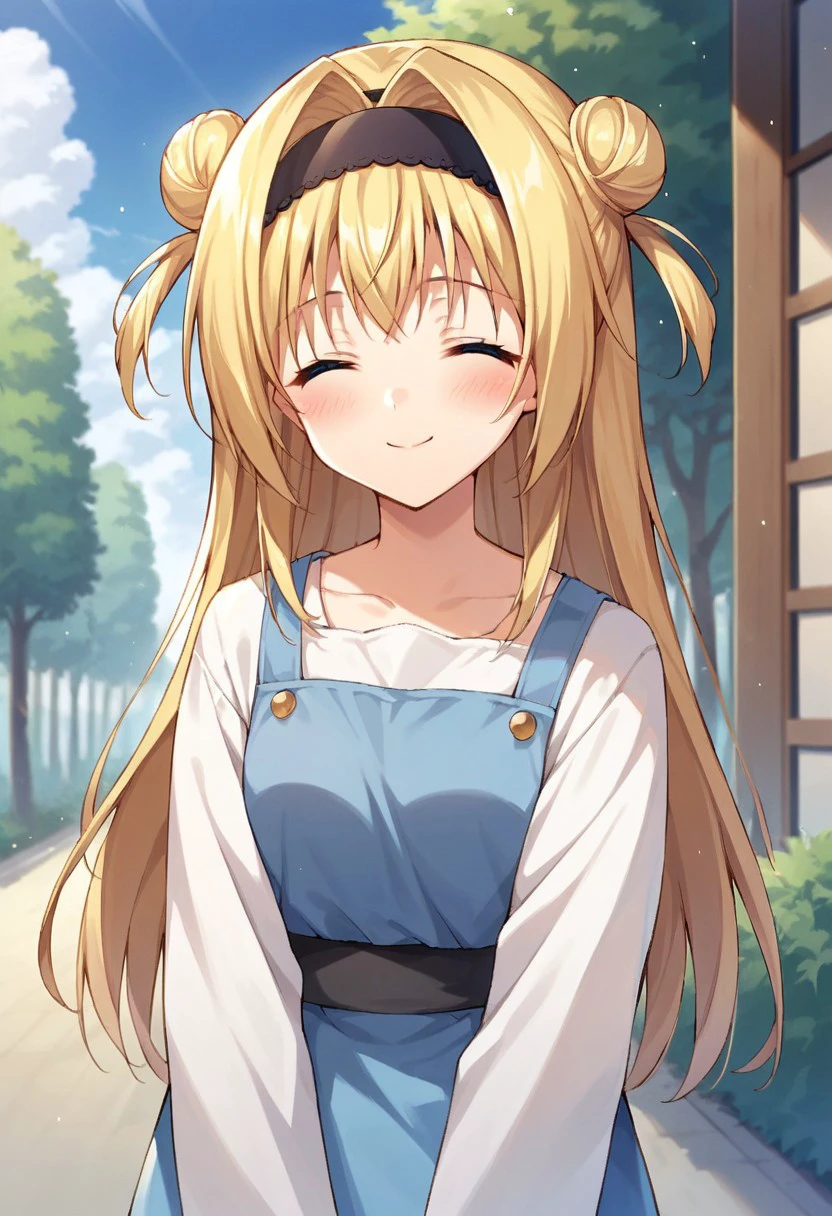 score_9, score_8_up, score_7_up, source_anime,chitose sana, blonde hair, blue eyes, 1girl, solo, closed eyes, double bun, long hair, hairband, smile, hair bun, blush, oekaki, outdoors