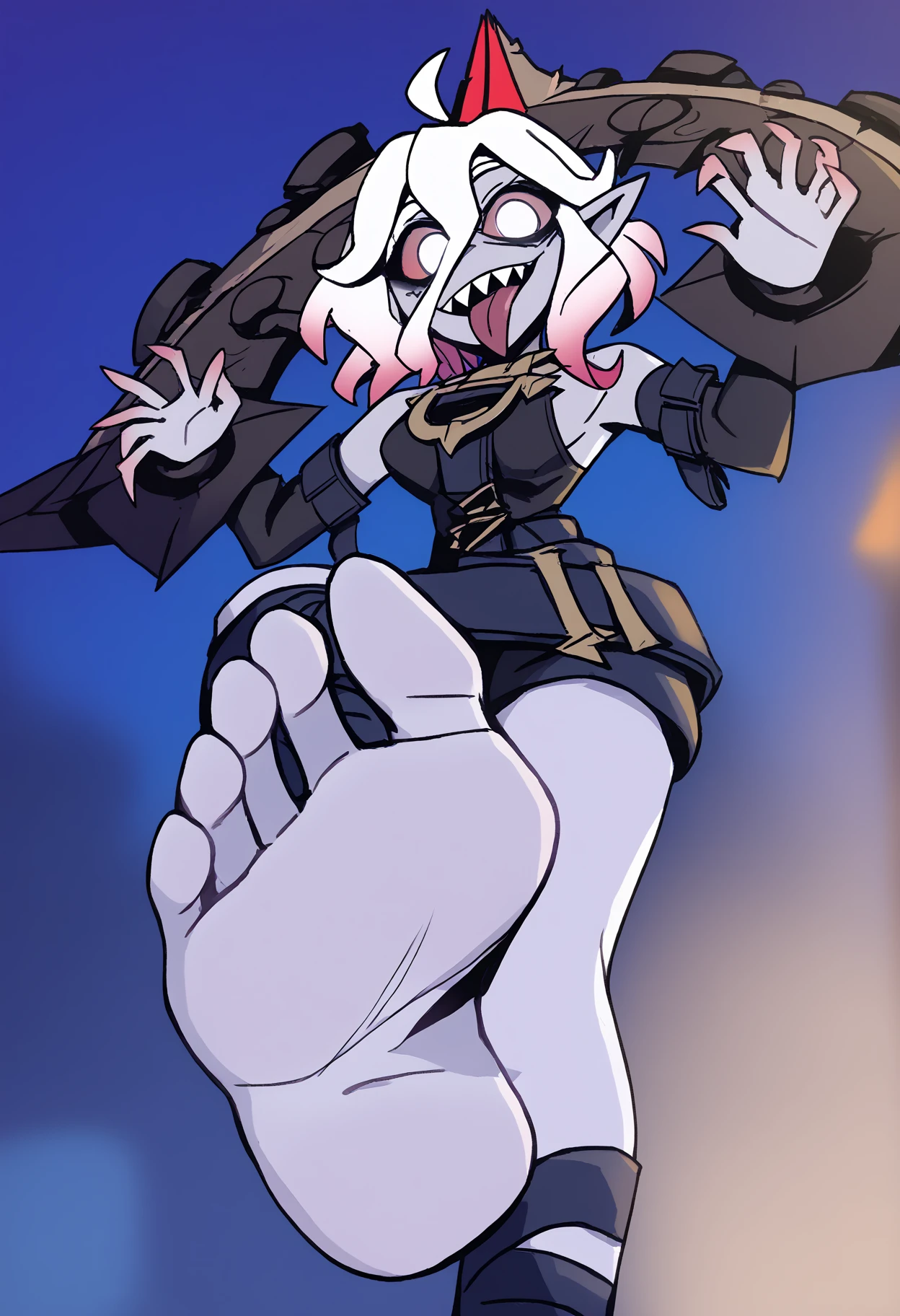 score_9, score_8_up, BREAK,
1girl, briar, white eyes, colored sclera, white hair, gradient hair, short hair, hair between eyes, ahoge, pointy ears, sharp teeth, grey skin,
tongue out, open mouth, horny, bare shoulders, detached sleeves,
footstomp, barefoot, feet, foot focus, soles, toes, foreshortening, view from below,
looking at viewer, outdoors, night sky, night, <lora:BriarXL:1> <lora:VanripArtXLLocon:1> <lora:StompXL:1>