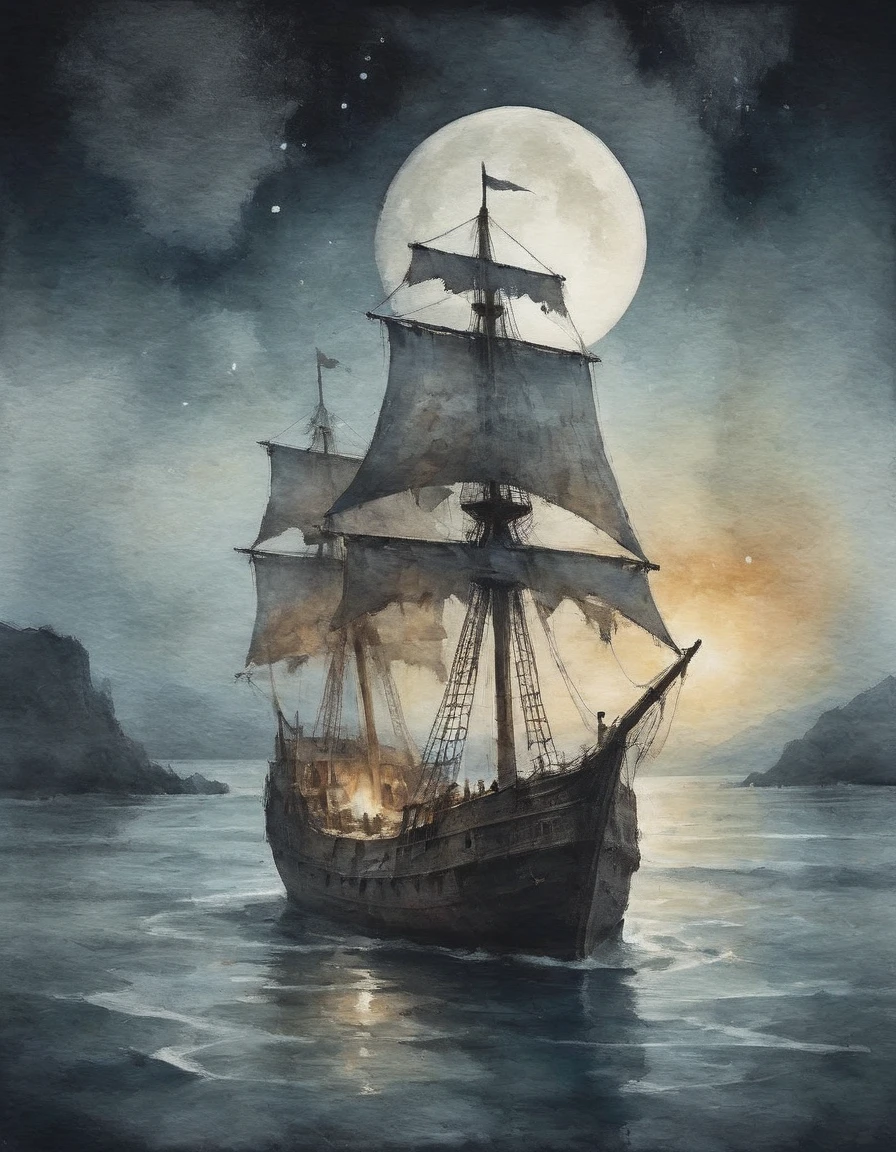 A ghost ship adrift in a moonlit sea, its tattered sails whispering secrets of the past