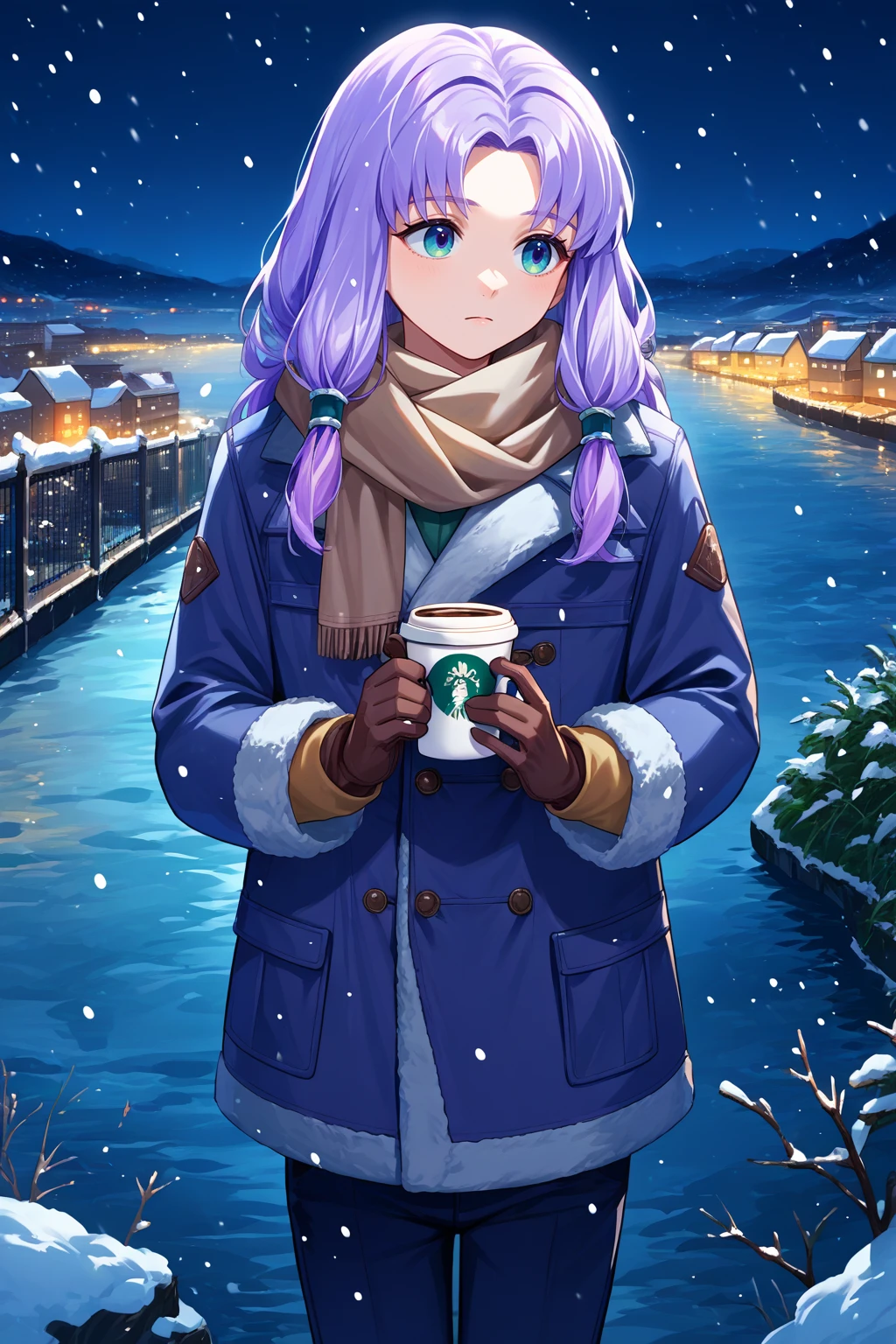 score_9, score_8_up, score_7_up, source_anime, <lora:NSFlorinaFE7:1> NSFlorinaMisc, light purple hair, long hair, parted bangs, low-tied sidelocks, winter clothes, scarf, coat, pants, gloves, holding, coffee cup, outdoors, night, snowing, river, city,