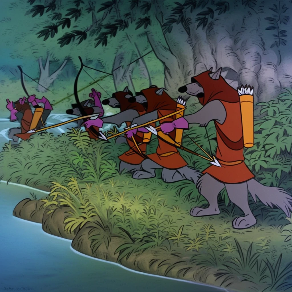 wolf archer, wolf, canine, anthro, furry, grey fur, brown hood, dark orange tunic, magenta gloves, bow (weapon), weapon, tree, grass, outdoors, nature, arrow (projectile), rock, water, male focus, group, holding bow (weapon), holding weapon, plant, masterpiece, best quality, ultra-detailed