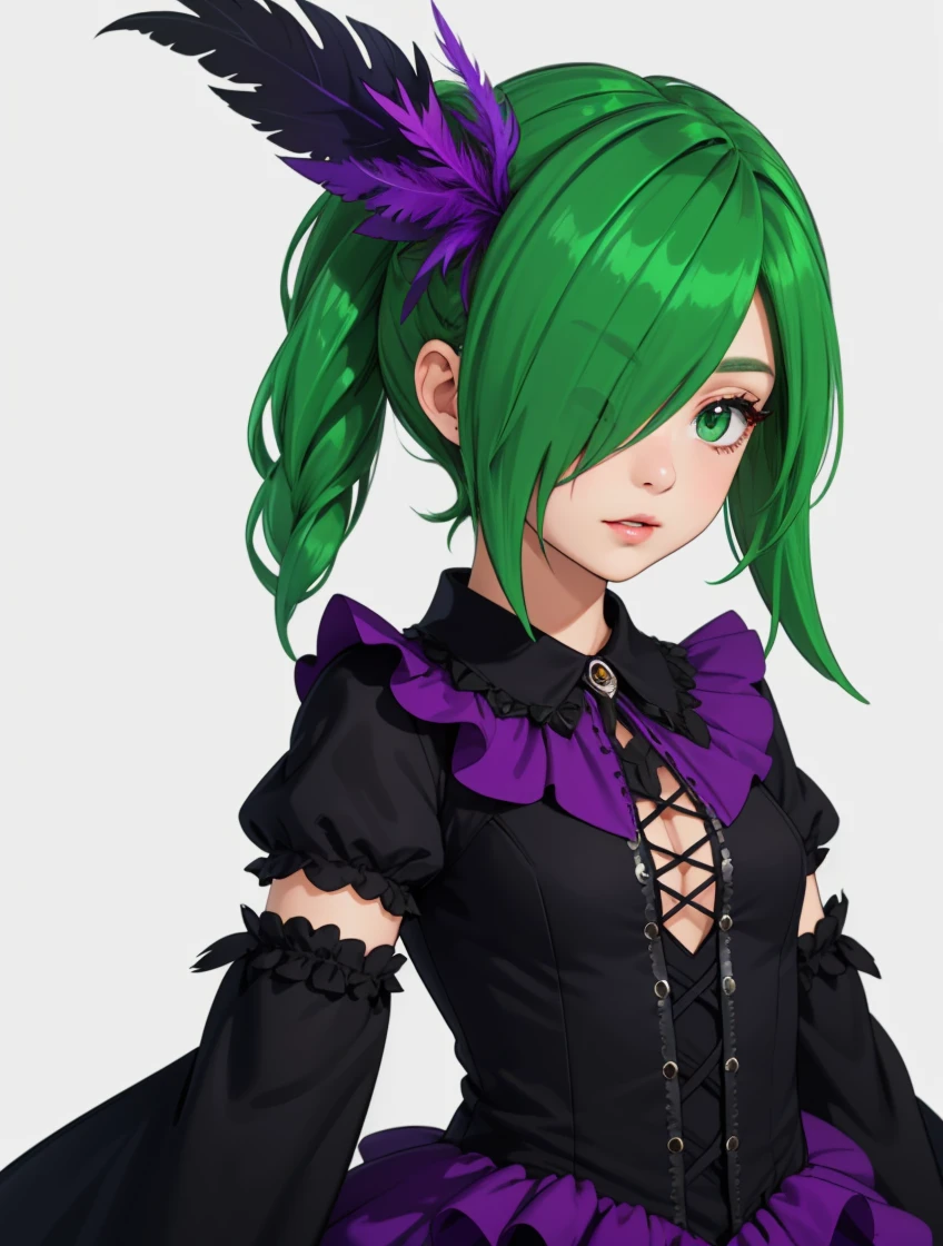 masterpiece, 1girl,solo,
<lora:epicanna.sd15.v1:0.4> epicanna, hair over one eye,
pufeathdress, long dress, purple dress, black dress, multicolored dress, detached sleeves, v-cut, purple shirt, feathers, layered dress, high-low skirt
green hair, green eyes, (eyes visible through hair),
simple background,