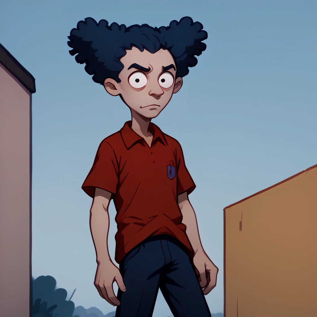 <lora:Howard_Deville_-_Rugrats_1992-10:1>1boy, blue hair, male focus, brown shirt, solo, shirt, red shirt, afro, parody, black hair, pants,, source_cartoon, score_9, score_8_up, score_7_up,