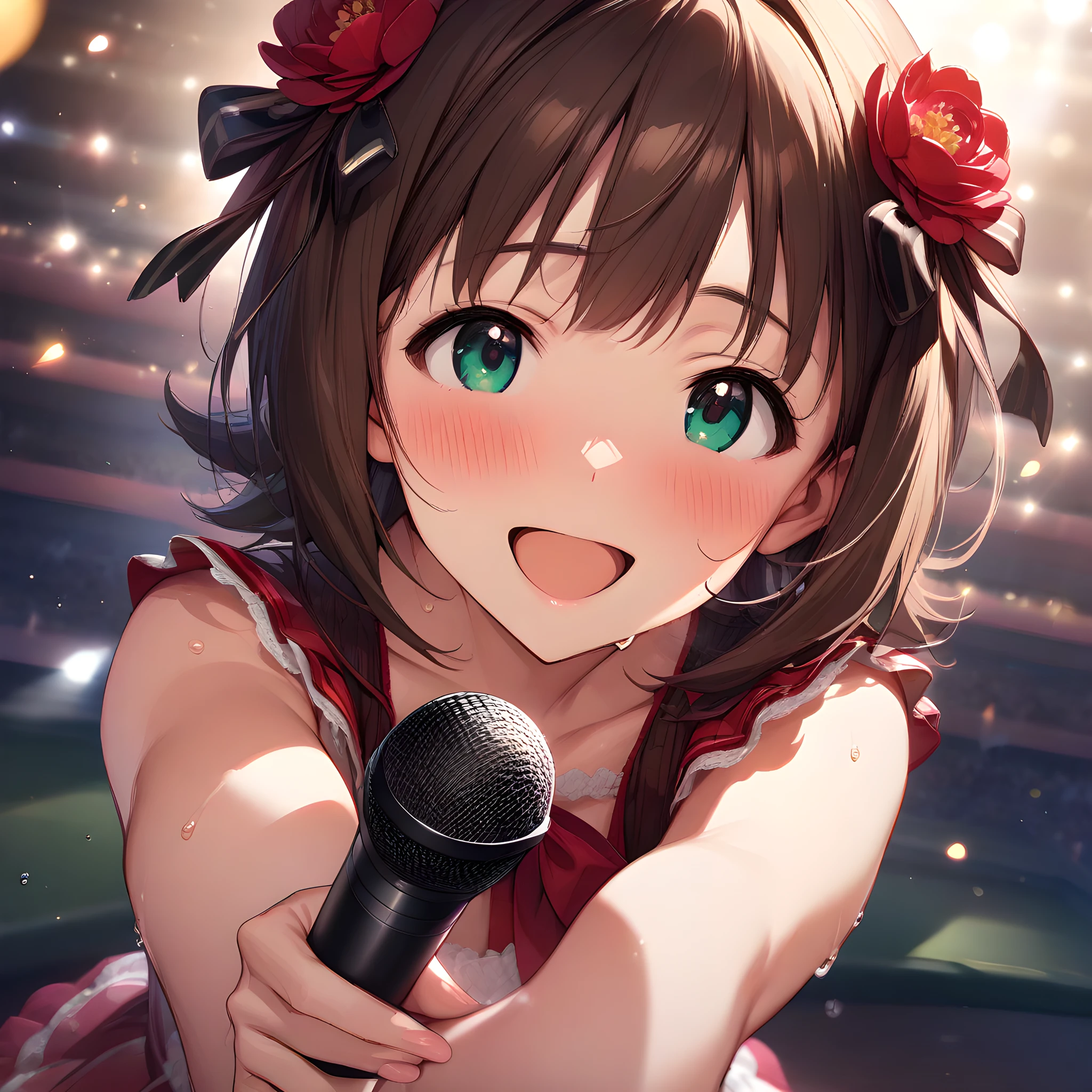 (masterpiece),(best quality),(ultra-detailed),(best illustration),(best shadow),(absurdres),(detailed background),(very aesthetic), haruka_amami, 1girl, solo, microphone, brown hair, open mouth, smile, hair ornament, flower, sweat, short hair, hair flower, blush, hair ribbon, ribbon, looking at viewer, green eyes, <lora:XL-HarukaAmami:1>