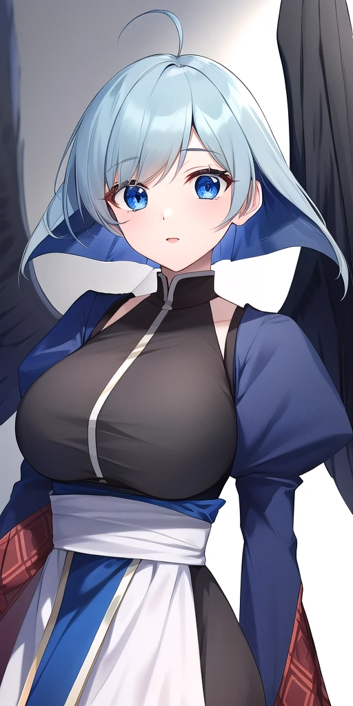 <lora:KamyuV5:.8> Kamyu_short_hair, huge_breasts, standing, solo, Black_china_dress_black_pelvic_curtain_white_overskirt_blue_detached_sleeves_puffy_long_sleeves_blue_sash_thighs, black_angel_wings, masterpiece, best_quality, detailed_face, detailed_eyes, highres, beautiful, detailed, absurdres,