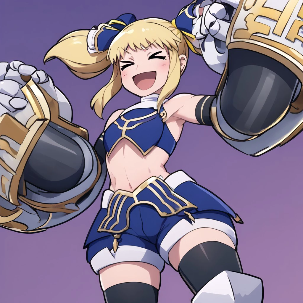 unimika, blonde hair, pigtails, short blue crop top, black thigh highs, shorts, iron boots, large gauntlets, laughing, XD