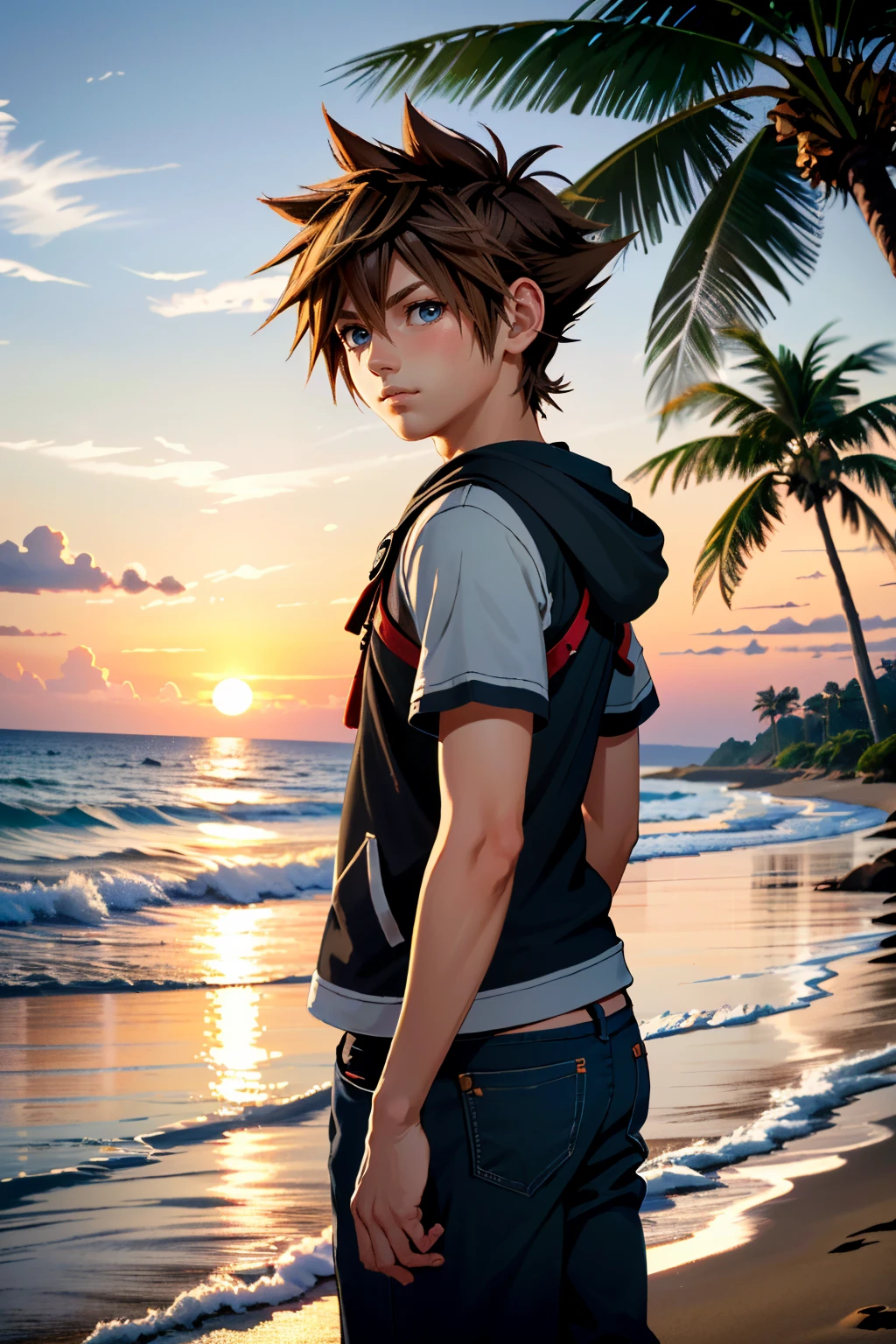 ((ultra detailed, masterpiece, absurdres))
 <lora:KH3Sora:0.8>
KH3Sora, 1boy, brown hair, spiked hair, at the beach, casual clothing, palm trees, sundown